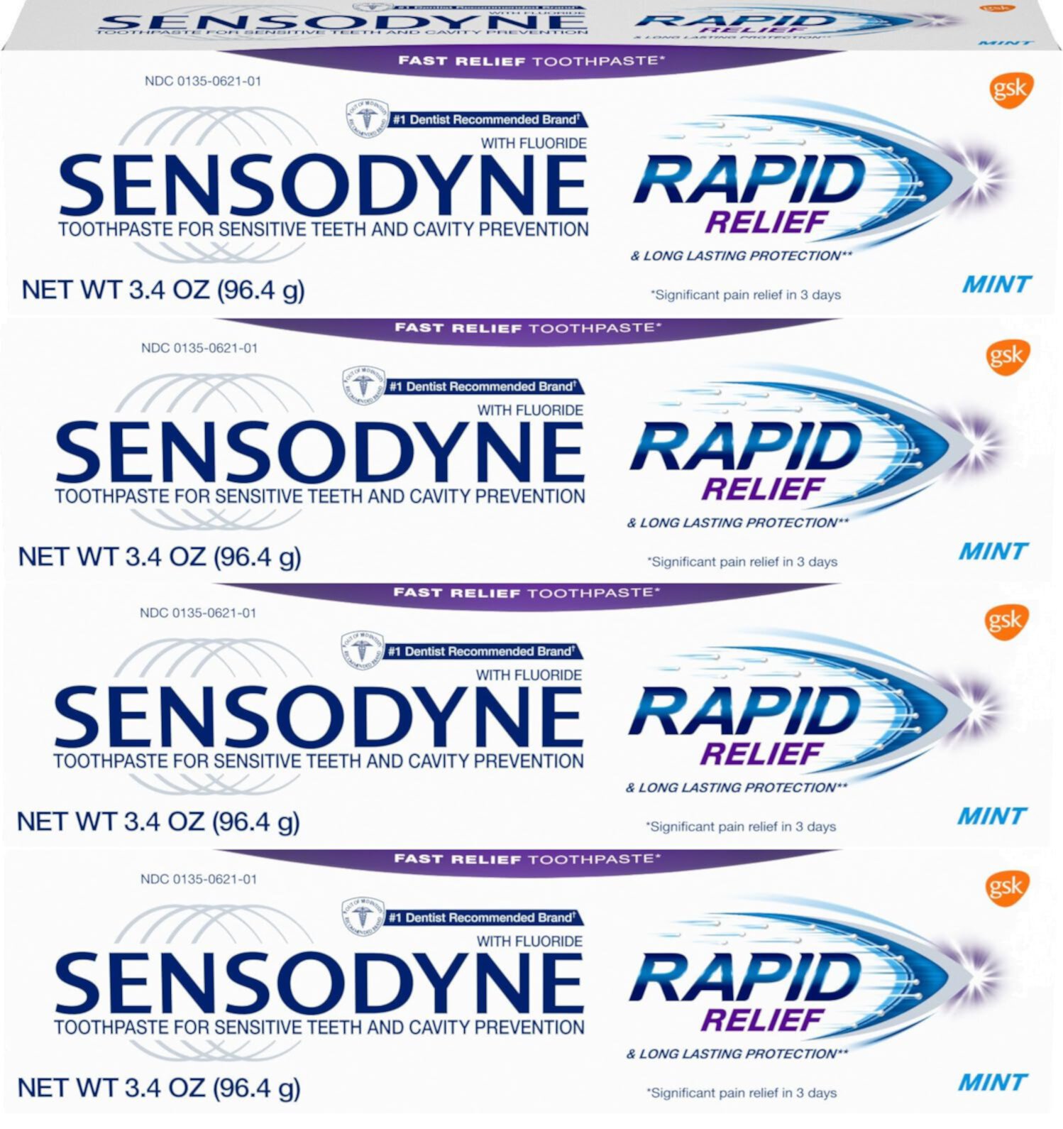 Sensodyne Rapid Relief Sensitive Toothpaste, Mint 3.4 Oz pack of 4 Sensodyne