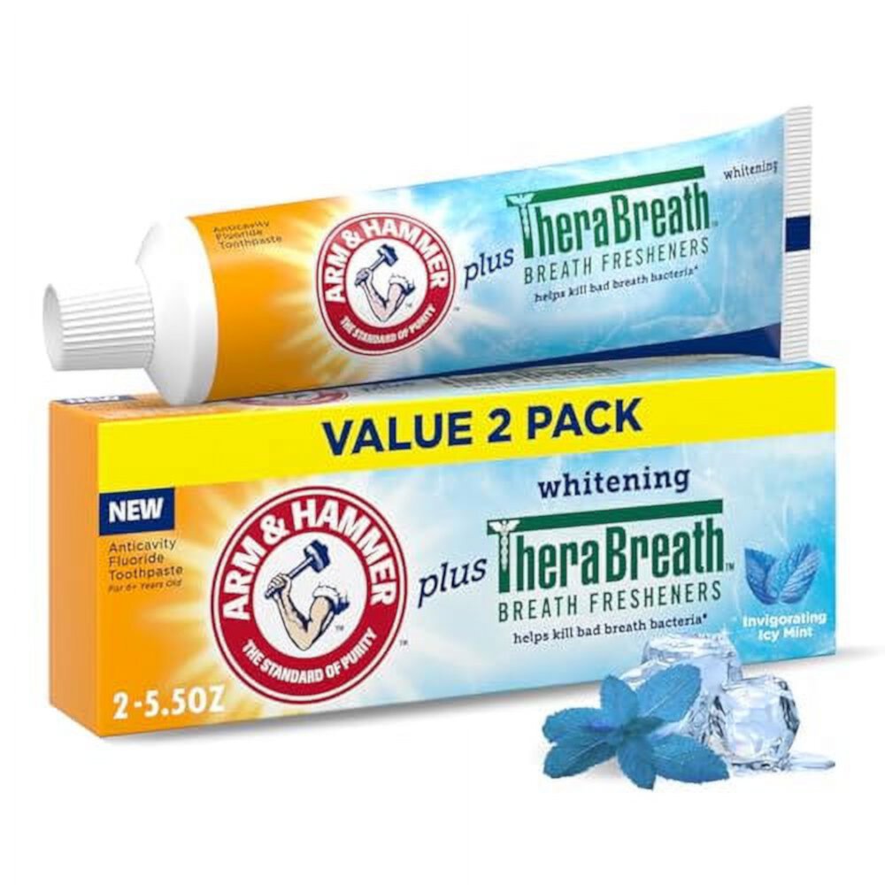 ARM & HAMMER Toothpaste Plus TheraBreath Breath Fresheners, Invigorating ICY Mint Flavor, Whitening Anticavity Fluoride Toothpaste for Bad Breath, 5.5 Oz (Pack of 2) Arm & Hammer