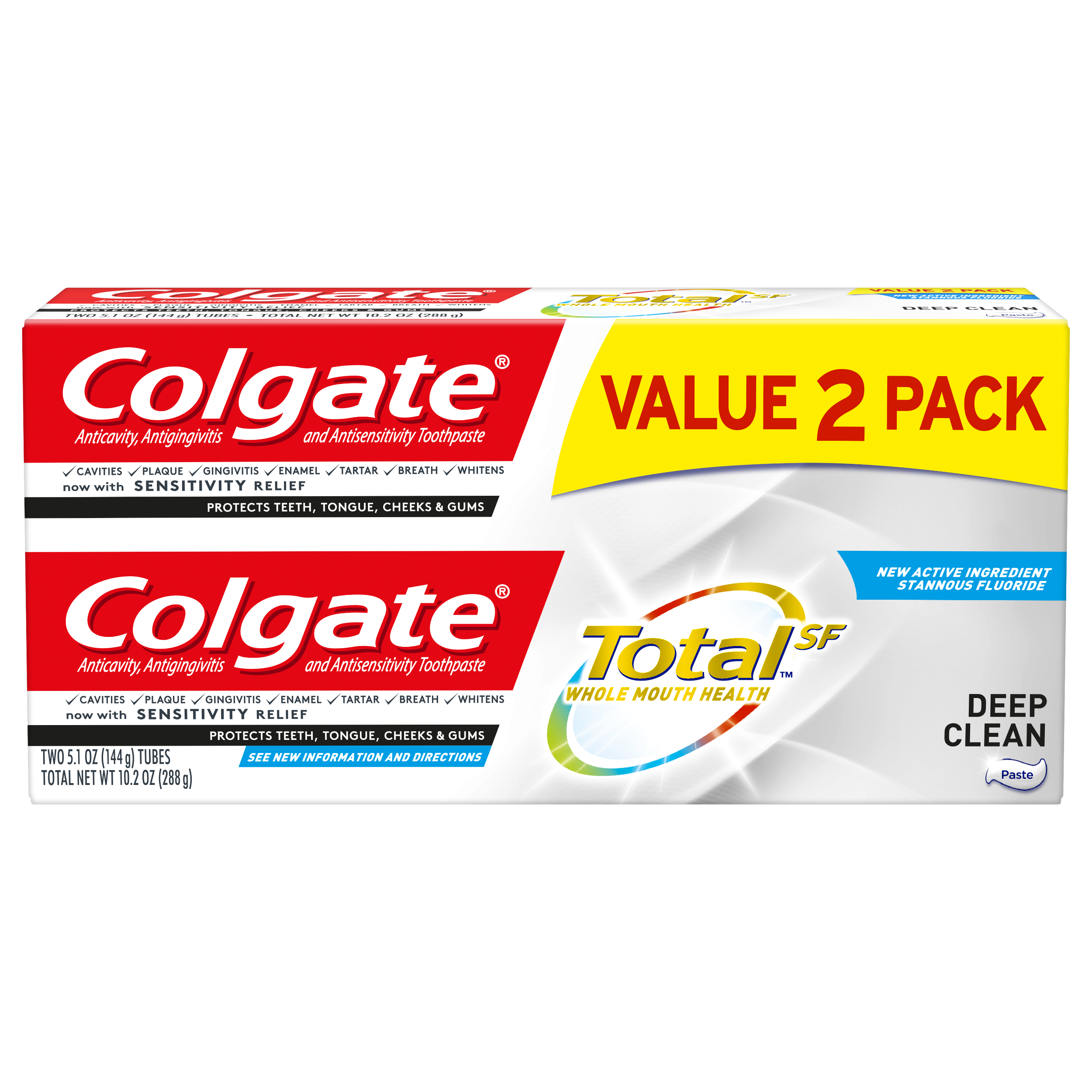 Colgate Total Toothpaste with Fluoride, Multi Benefit Toothpaste with Sensitivity Relief, Deep Clean, 5.1 Oz, 2 Ct Visit the Colgate Store