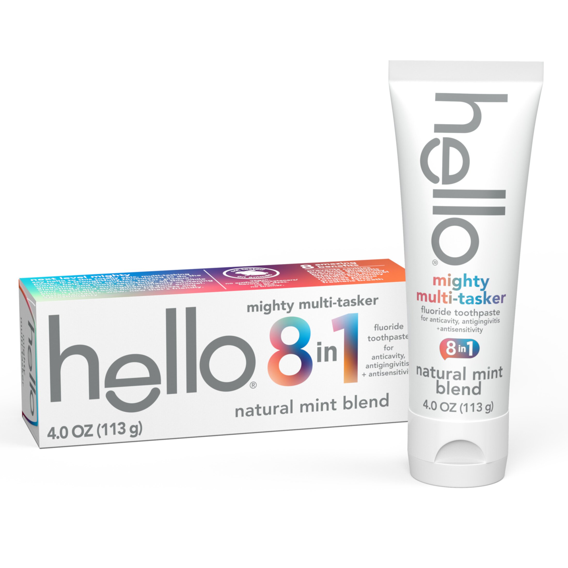 hello Mighty Multitasker Fluoride Toothpaste, 8-in-1 Toothpaste with Mint Flavor, Anticavity, Antigingivitis, Antisensitivity, Strengthens Enamel and Whitens, 4.0 oz Tube Hello