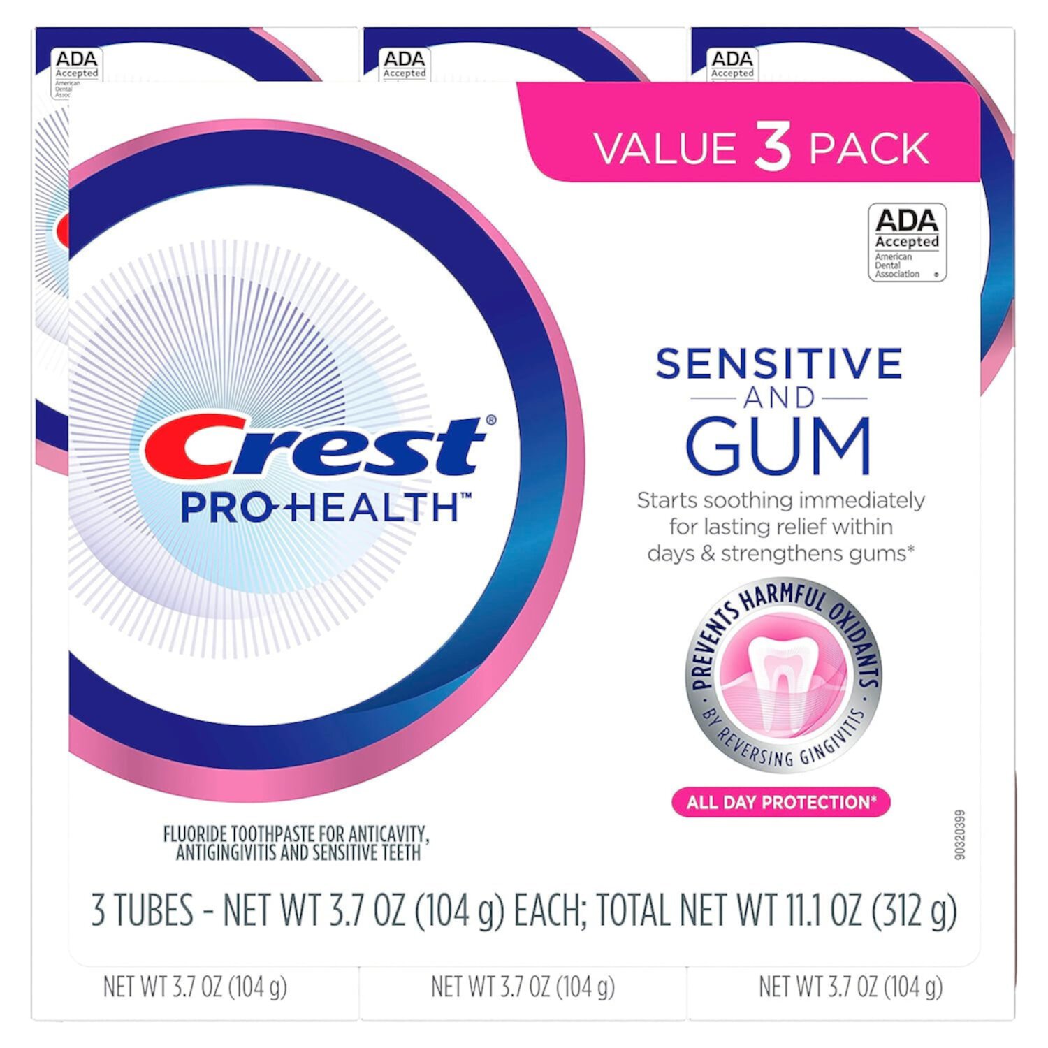 Crest Pro-Health Gum and Sensitivity, Sensitive Toothpaste, All Day Protection, 3.7oz, Pack of 3 Crest