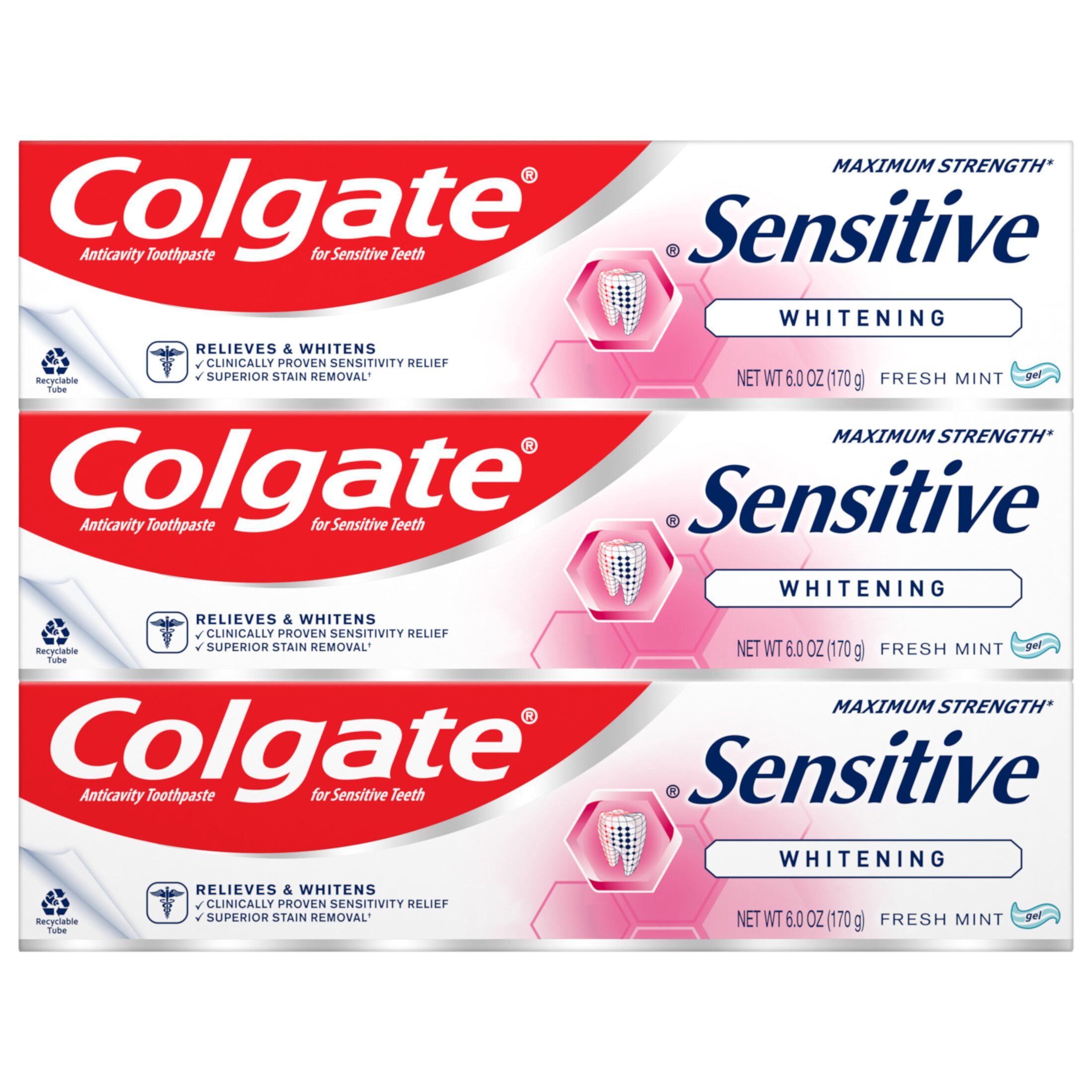 Colgate Sensitive Whitening Toothpaste, Sensitive Teeth Toothpaste, Mint, 3 Pack, 6 Oz Tubes Colgate