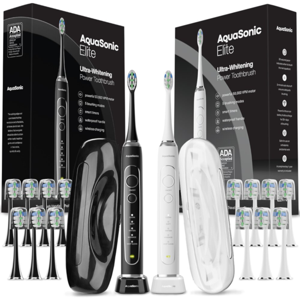 AquaSonic Elite Duo Electric Toothbrush Set – Rechargeable, 8 Brush Heads, Travel Case, 5 Modes, Smart Timer AQUASONIC