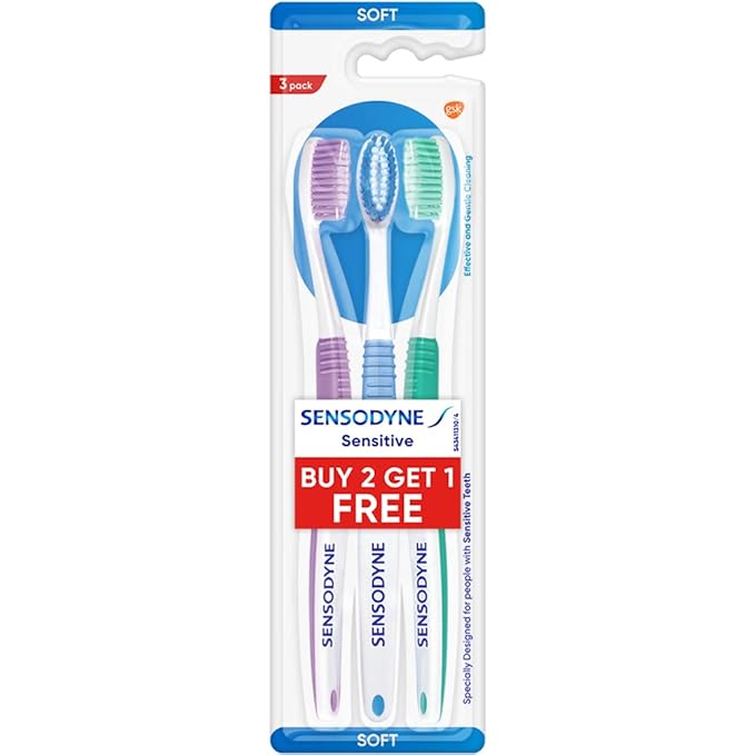 Sensodyne Toothbrush: Sensitive tooth brush with soft rounded bristles for adults, 3 pieces (Manual,Multicolor,Buy 2 Get 1 free) Sensodyne