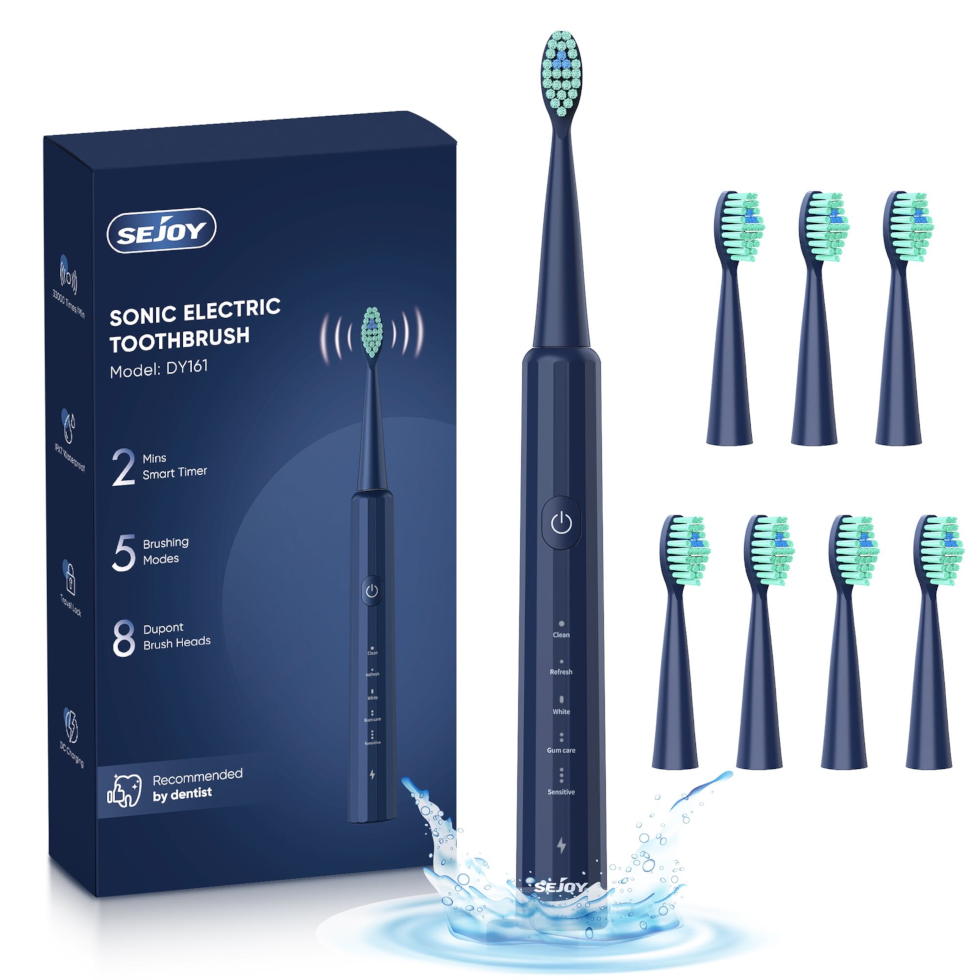 Sejoy Sonic Electric Toothbrush for Adults and Kids-8 Brush Heads,Rechargeable Whitening Electric Tooth Brush,5 Modes,Navy Sejoy