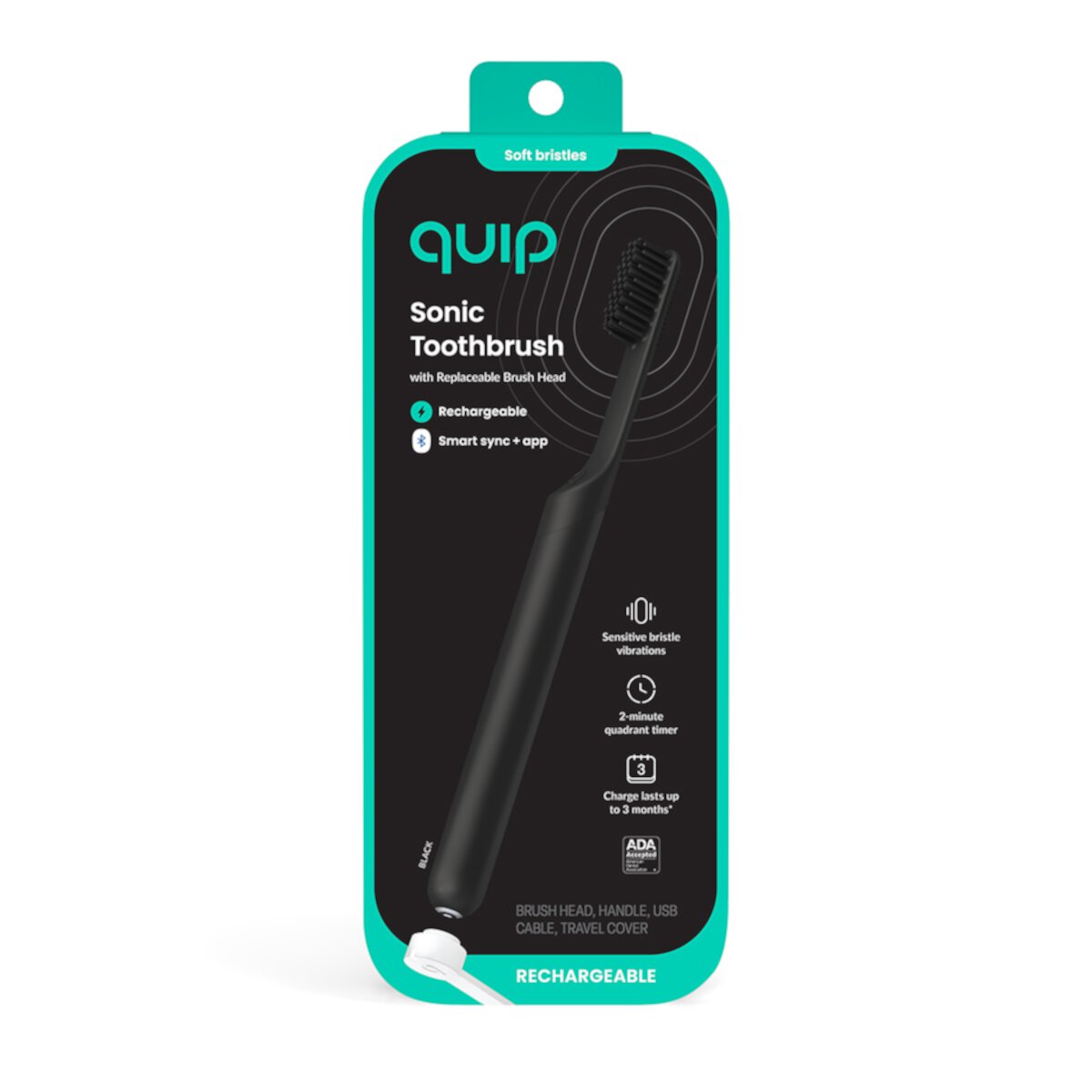 Quip Adult All-Black Plastic Full Head Smart Rechargeable Electric Toothbrush Quip