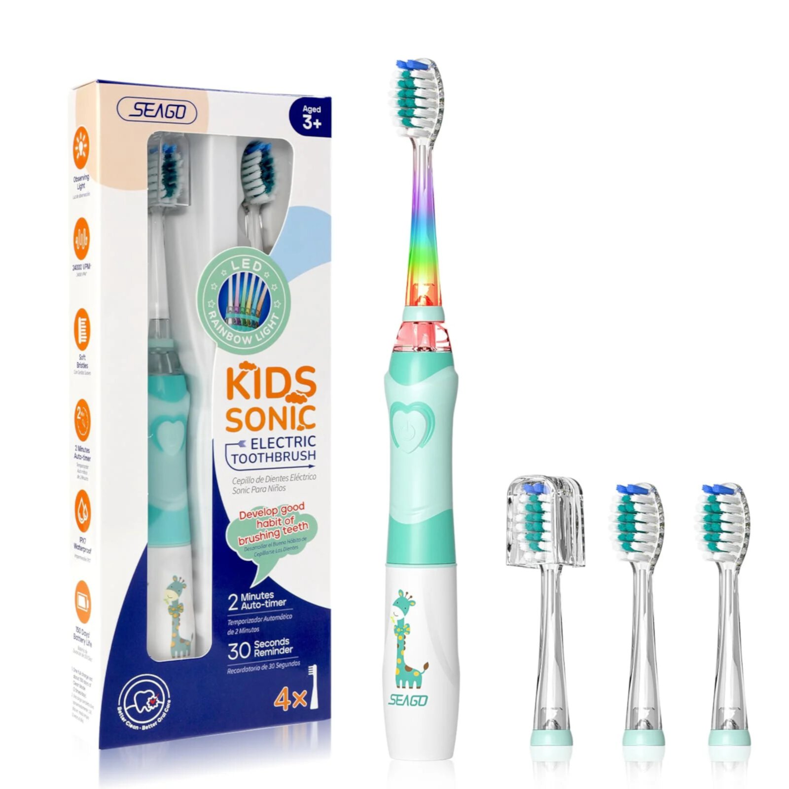 SEAGO Kids Electric Toothbrush NG01, Sonic Battery-Powered, Smart Timer, Waterproof, Replaceable Heads, Green for kids(Age 3+) Sonic