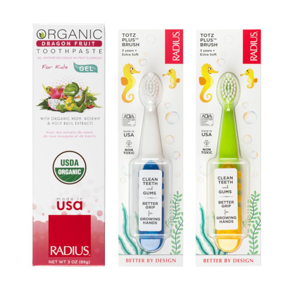 RADIUS Toddler Toothbrush and Toothpaste Bundle for Kids, 2 Pack Totz Extra Soft Brush in White and Green and 1 Count Dragon Fruit Toothpaste, For Children 18 Months and Up Visit the RADIUS Store