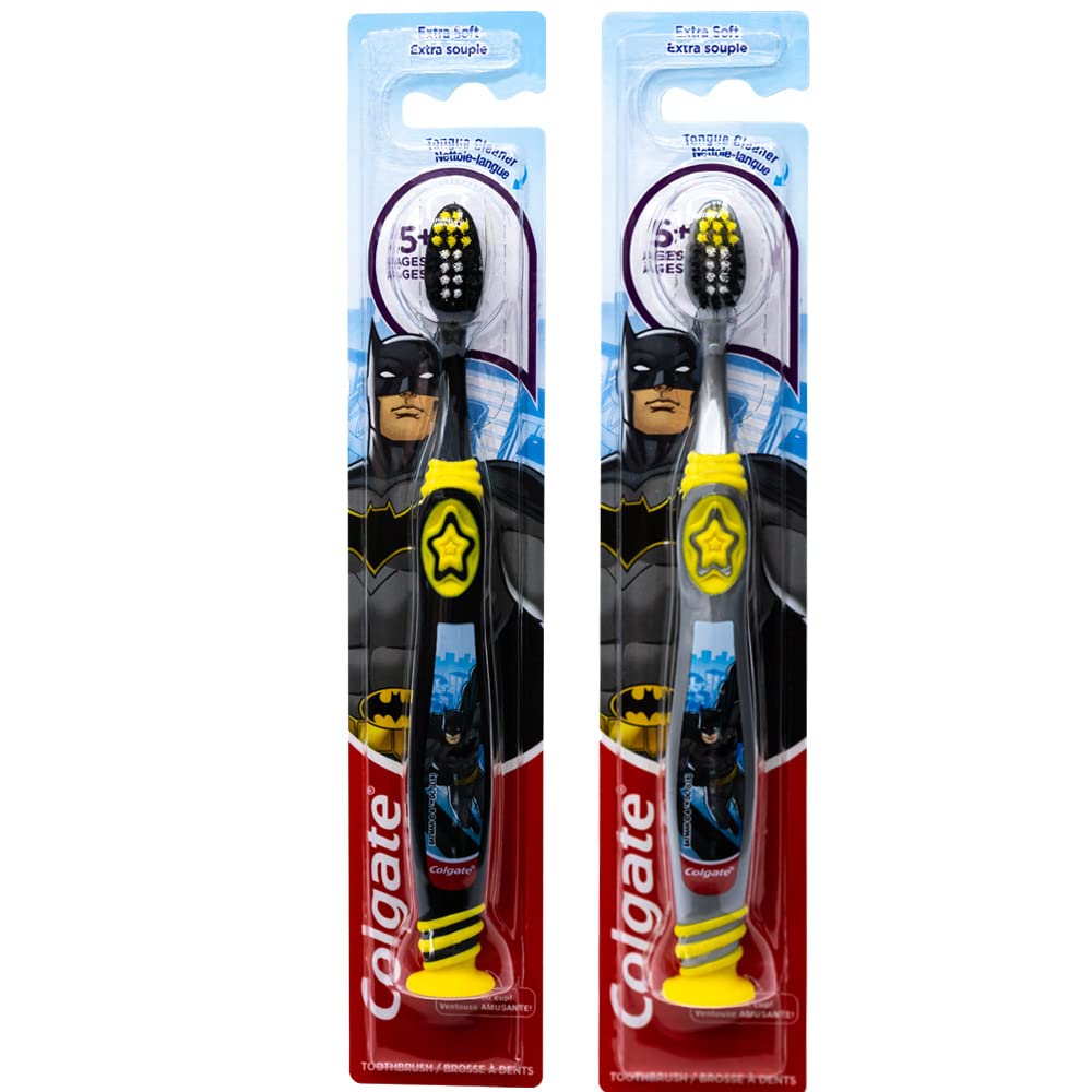 Colgate Batman Toothbrush for Children with Suction Cup, Kids 5+ Years Old, Extra Soft (Colors Vary) - Pack of 2 Colgate