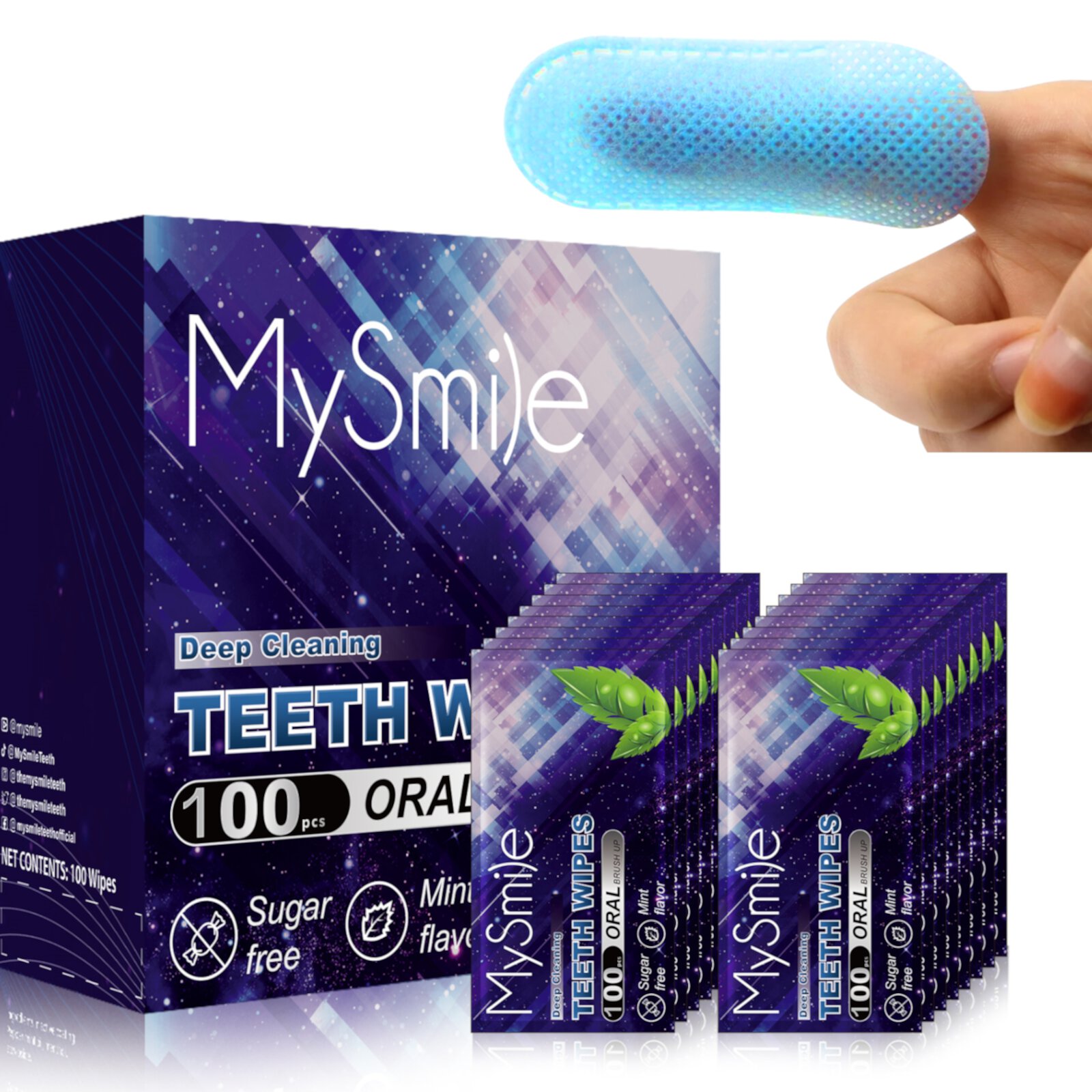 MySmile 100pcs Disposable Textured Deep Cleaning Teeth Wipes Finger Brush Teeth Wipes Oral Brush Finger Brush Ups Clean Wipes, Mint Flavor MySmile