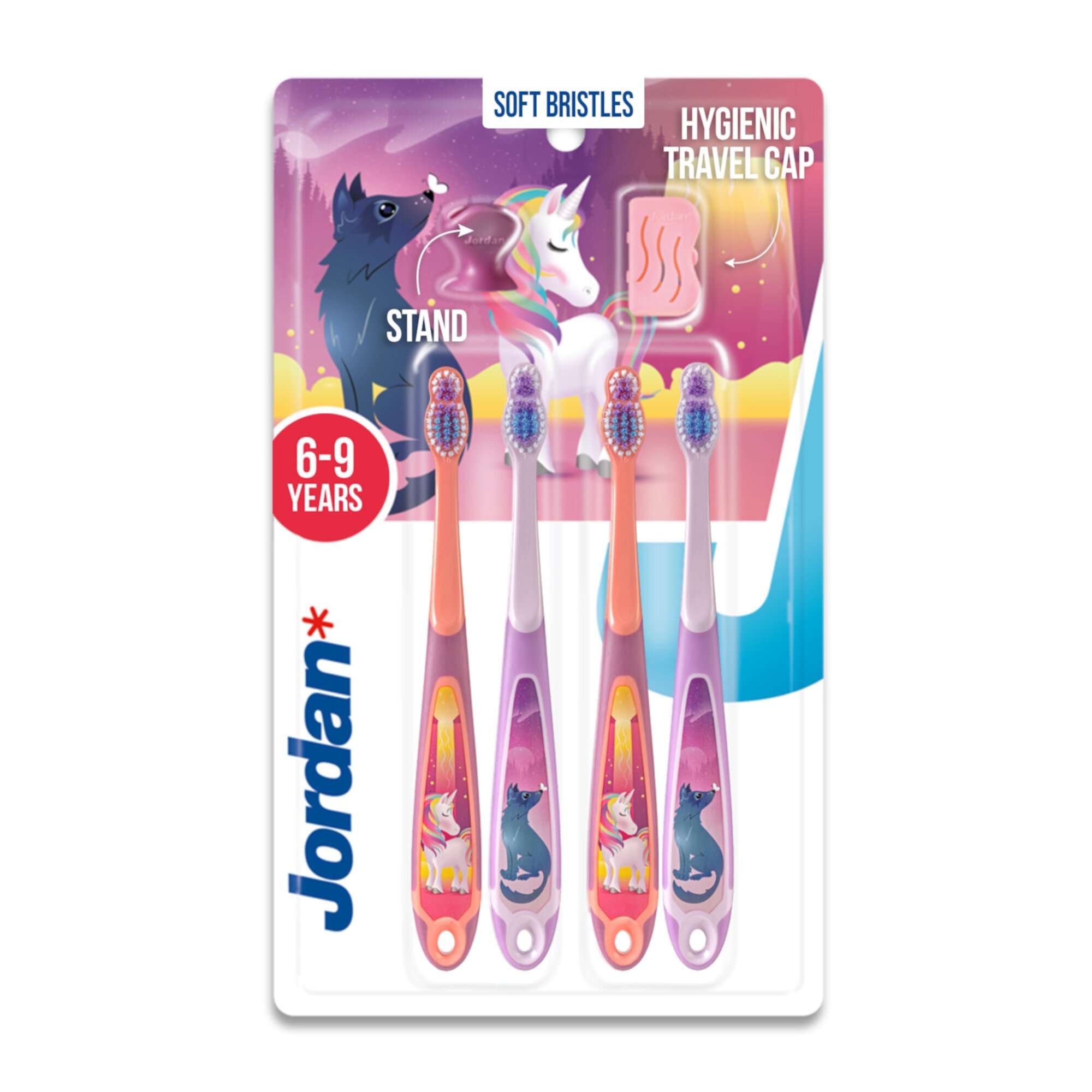 Jordan* | Step 3 Kids Toothbrush | Infant Toothbrush for Age 6-9 Years Old | Kid Toothbrush with Soft Bristles, Dual Ergonomic Handle & BPA Free | Blue & Pink Color | Pack 4 Units Jordan