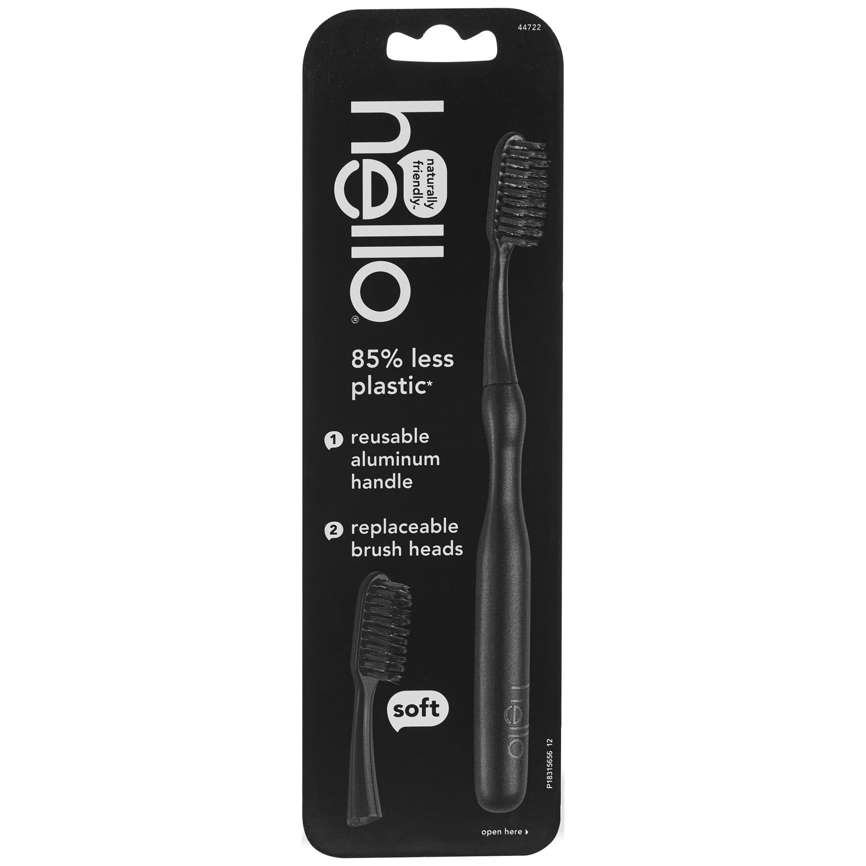 hello Sustainable Toothbrush with Reusable Black Modern Aluminum Handle & 2 Soft Replacement Heads, BPA-Free Hello