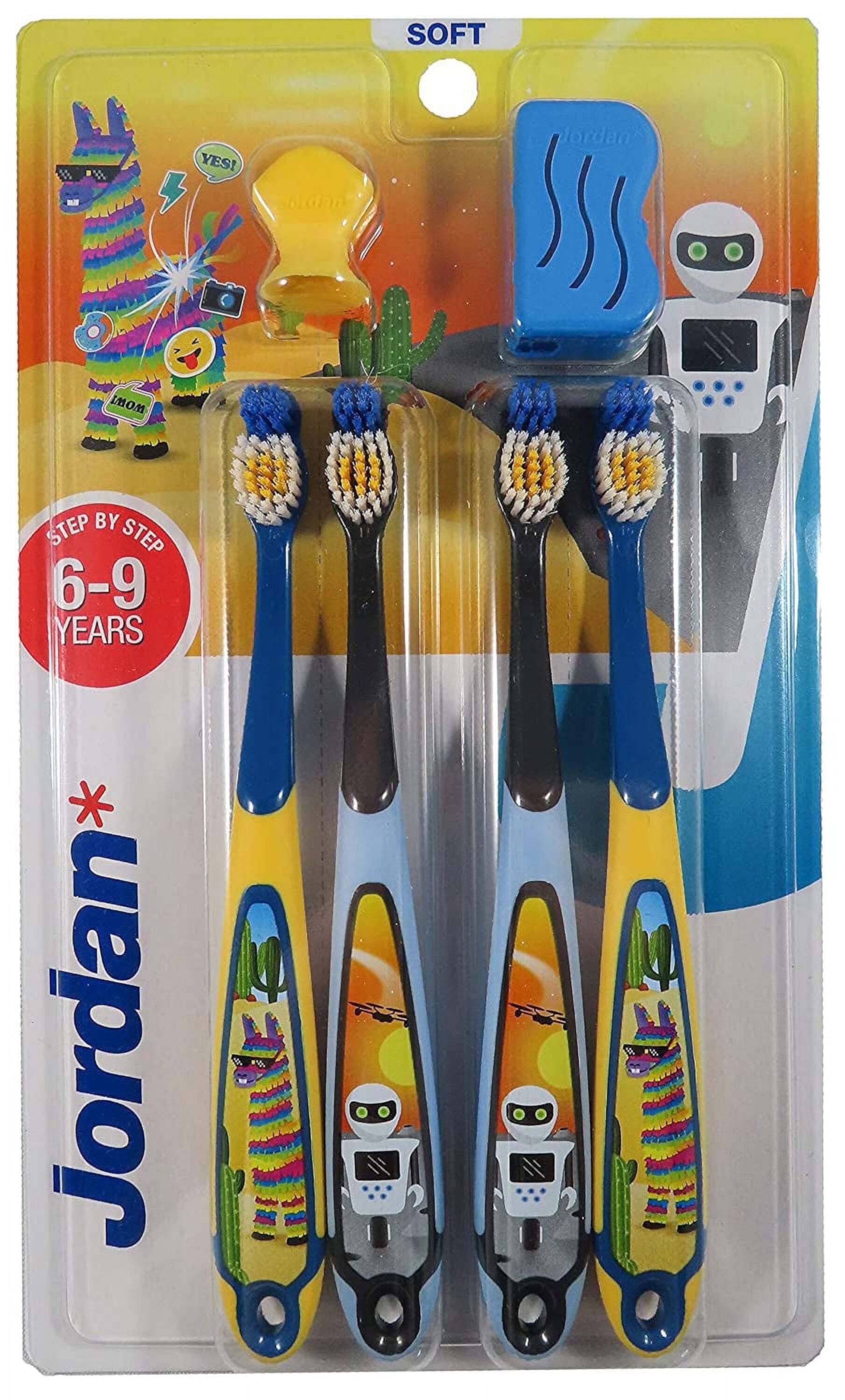 Jordan* | Step 3 Kids Toothbrush | Infant Toothbrush for Age 6-9 Years Old | Kid Toothbrush with Soft Bristles, Dual Ergonomic Handle & BPA Free | Blue & Pink Color | Pack 4 Units Jordan