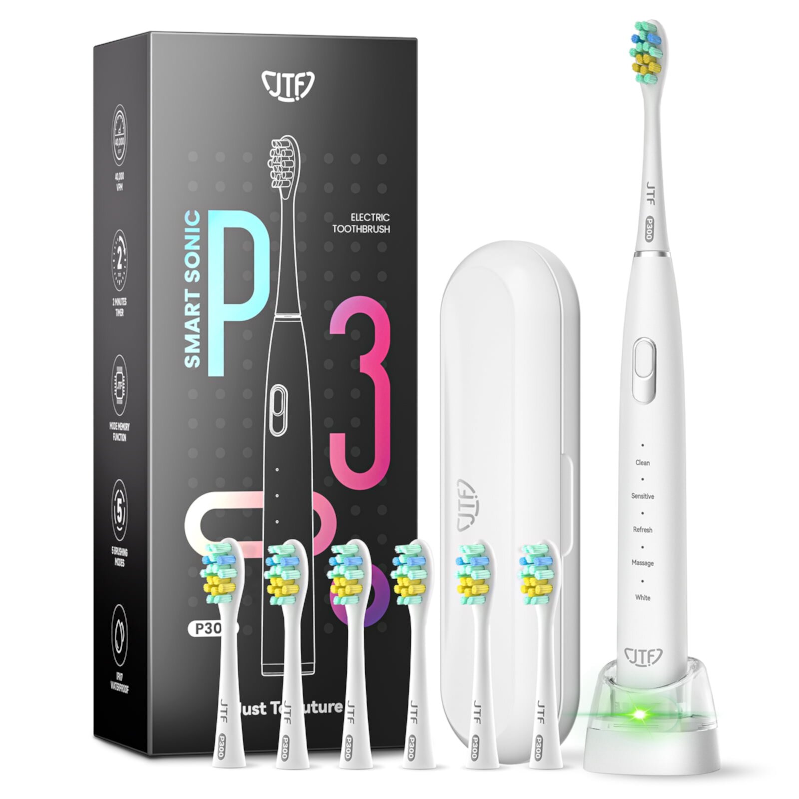 JTF Sonic Electric Toothbrush for Adults with Travel Case and 6 Brush Heads, One Charge for 50 Days Use, White JTF