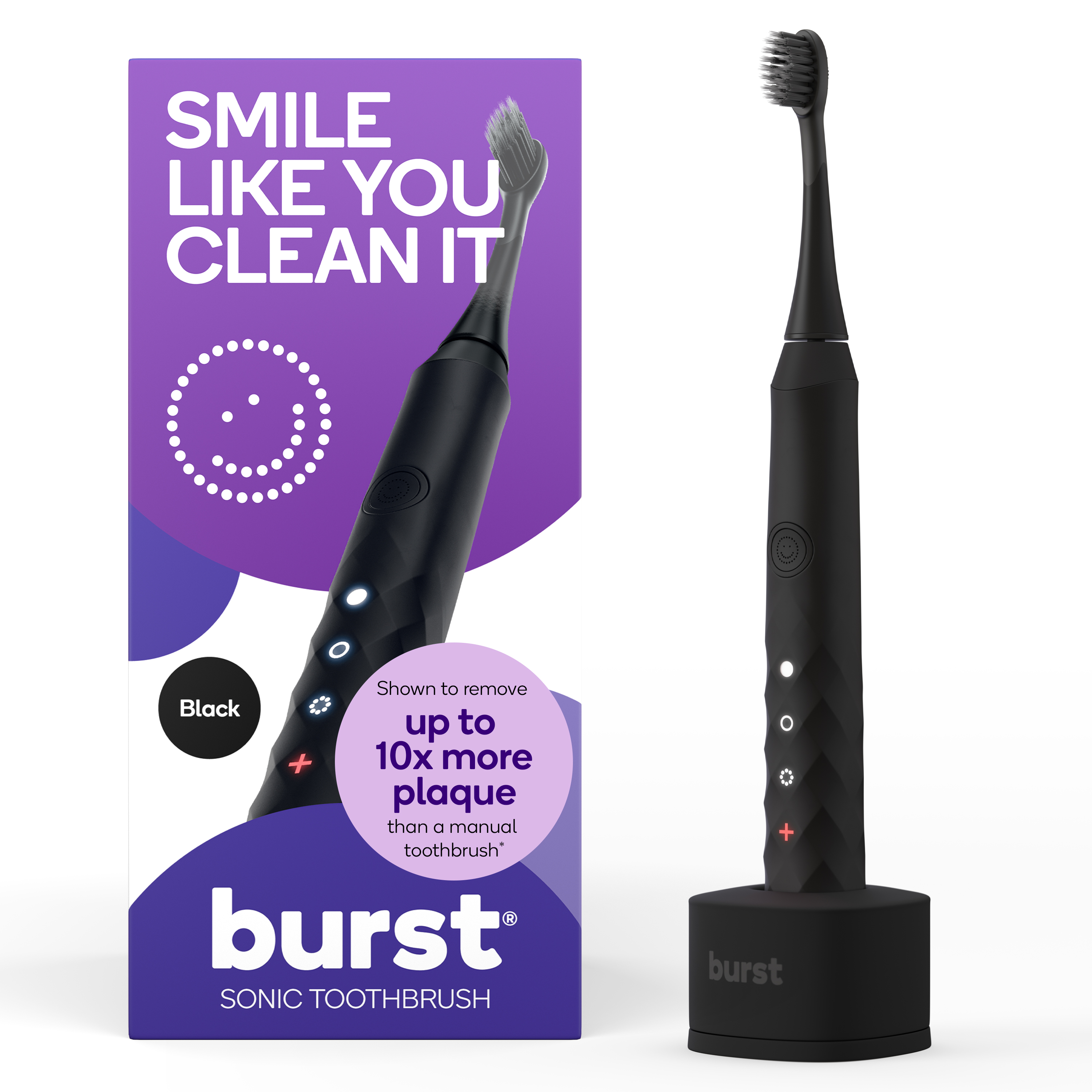 Burst Sonic Electric Toothbrush for Adults, 3 Modes, Soft Bristles, Black Burst