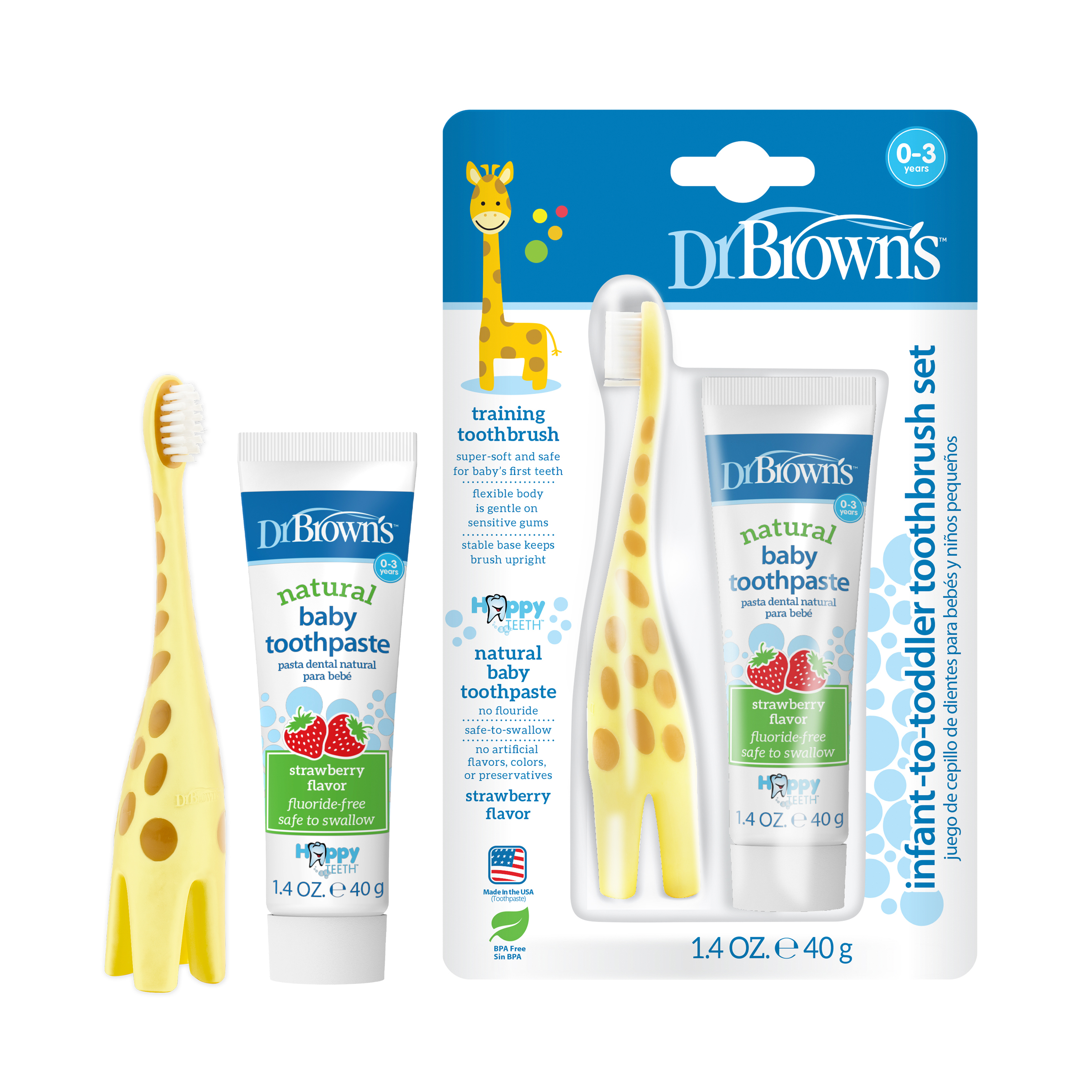 Dr. Brown's Infant to Toddler Training Toothbrush, Giraffe + Strawberry Baby Toothpaste, 0-3 Years Dr. Brown's