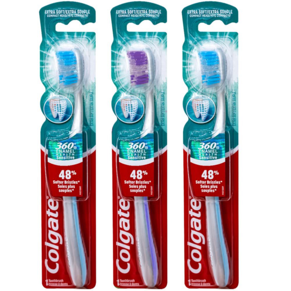 Colgate 360 Enamel Health Sensitive Toothbrush, Compact Head, Extra Soft (Colors Vary) - Pack of 3 Colgate