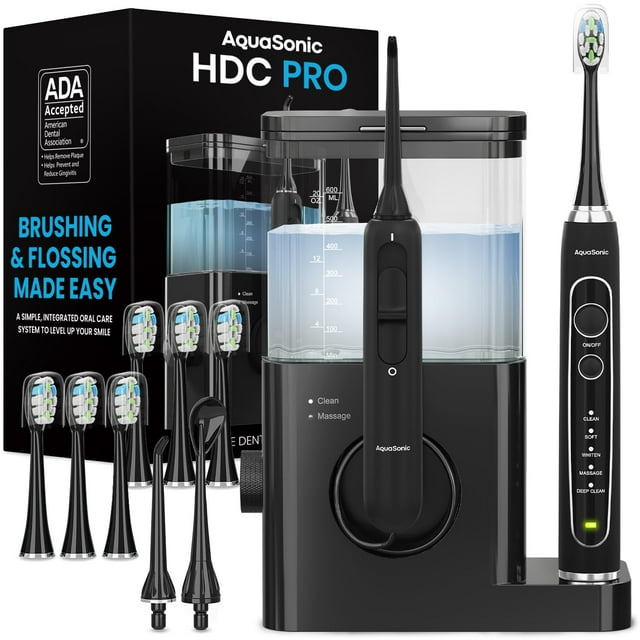 AquaSonic Home Dental Center PRO Set, 2-in-1 Ultrasonic Electric Toothbrush & Water Flosser for Adult, Compact, 6 ProFlex Brush heads, 2 water flosser jet tips, 1 tongue scraper - White AQUASONIC