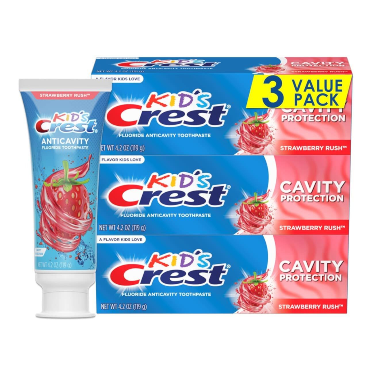 Crest Kid's Cavity Protection Fluoride Toothpaste, Strawberry Rush, 3 Count Tube Crest