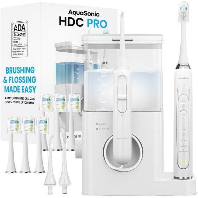 AquaSonic Home Dental Center PRO Set, 2-in-1 Ultrasonic Electric Toothbrush & Water Flosser for Adult, Compact, 6 ProFlex Brush heads, 2 water flosser jet tips, 1 tongue scraper - White AQUASONIC