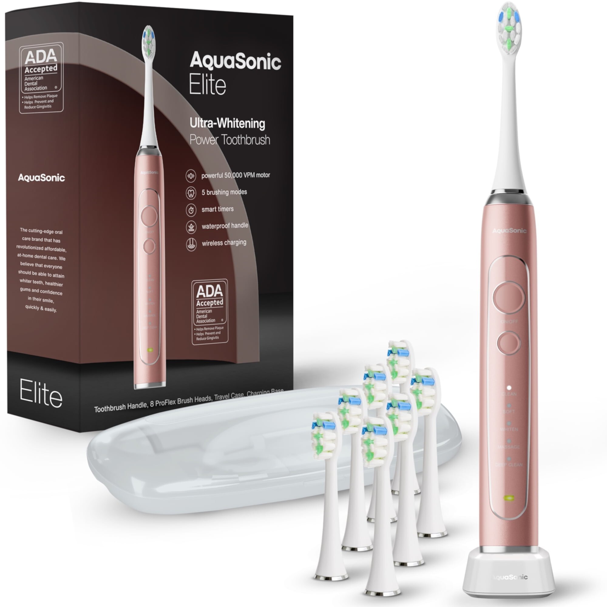 AquaSonic Elite Electric Toothbrush Set for Adults, Wireless Charging, 5 Modes, Travel Case, 8 Brush Heads - Black AQUASONIC