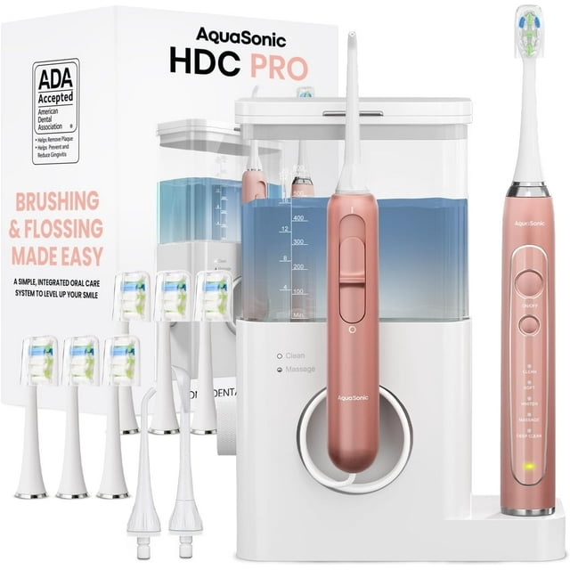 AquaSonic Home Dental Center PRO Set, 2-in-1 Ultrasonic Electric Toothbrush & Water Flosser, Compact Countertop Unit, 6 ProFlex Brush heads, 2 water flosser jet tips, 1 tongue scraper - Rose Gold AQUASONIC