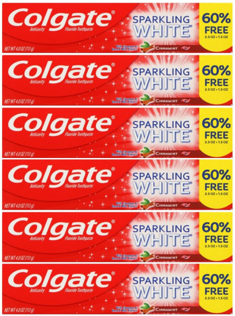 Colgate Sparkling White Fluoride Toothpaste, Gel, CinnaMint 4.0 oz (113g) (Pack of 6) Visit the Colgate Store