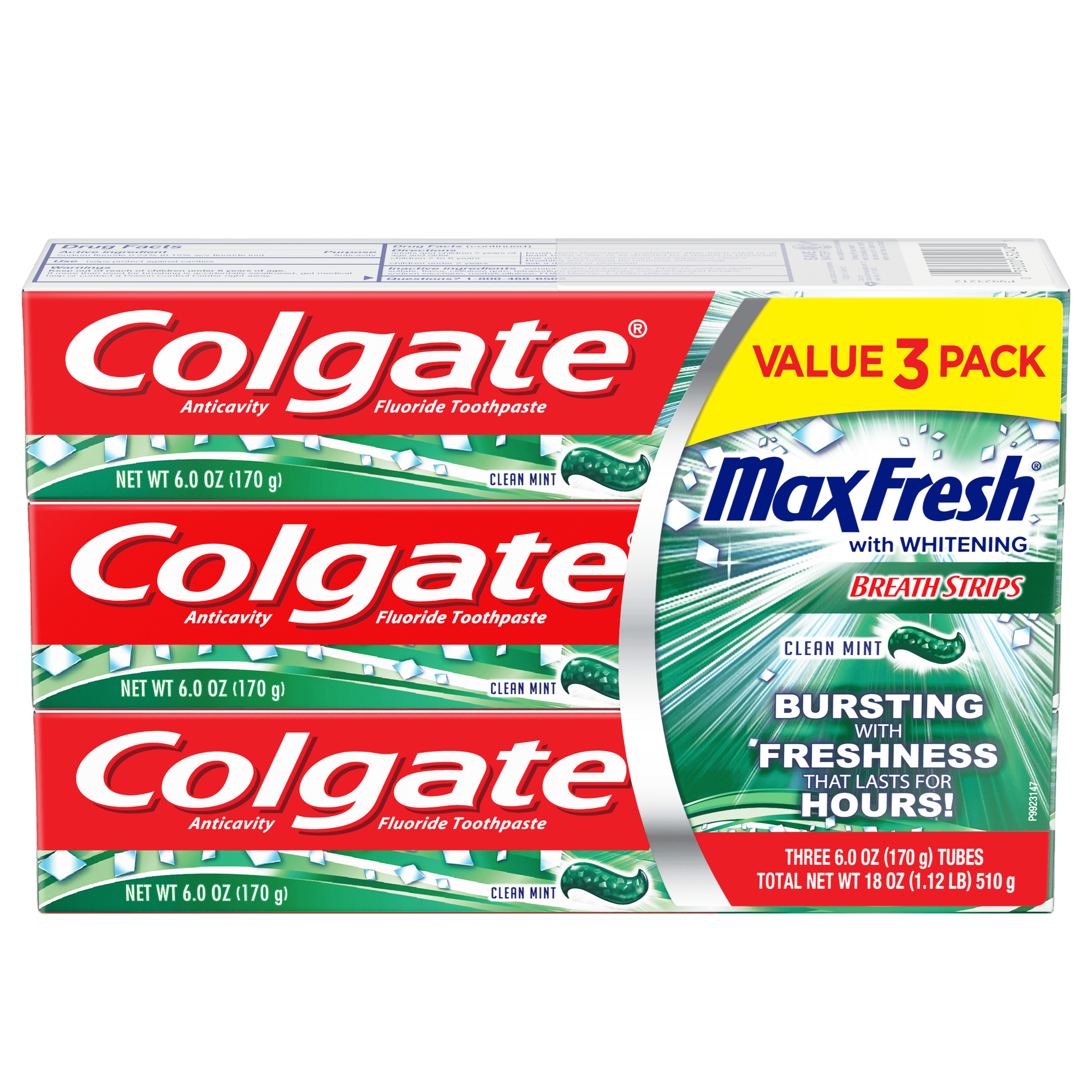 Colgate MaxFresh Whitening Toothpaste with Mini Breath Strips, Clean Mint, 6 Oz, 3 Ct Colgate