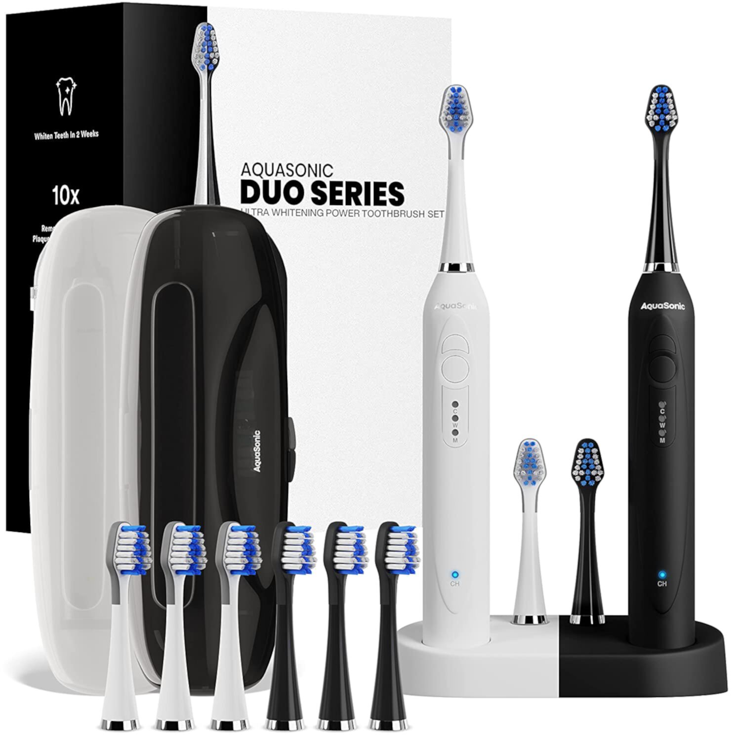 Aquasonic Electric ToothBrush Duo Set -  Rechargable 2 Toothbrushes, 10 DuPont Brush Heads , 2 Travel Cases, Charging Base AQUASONIC