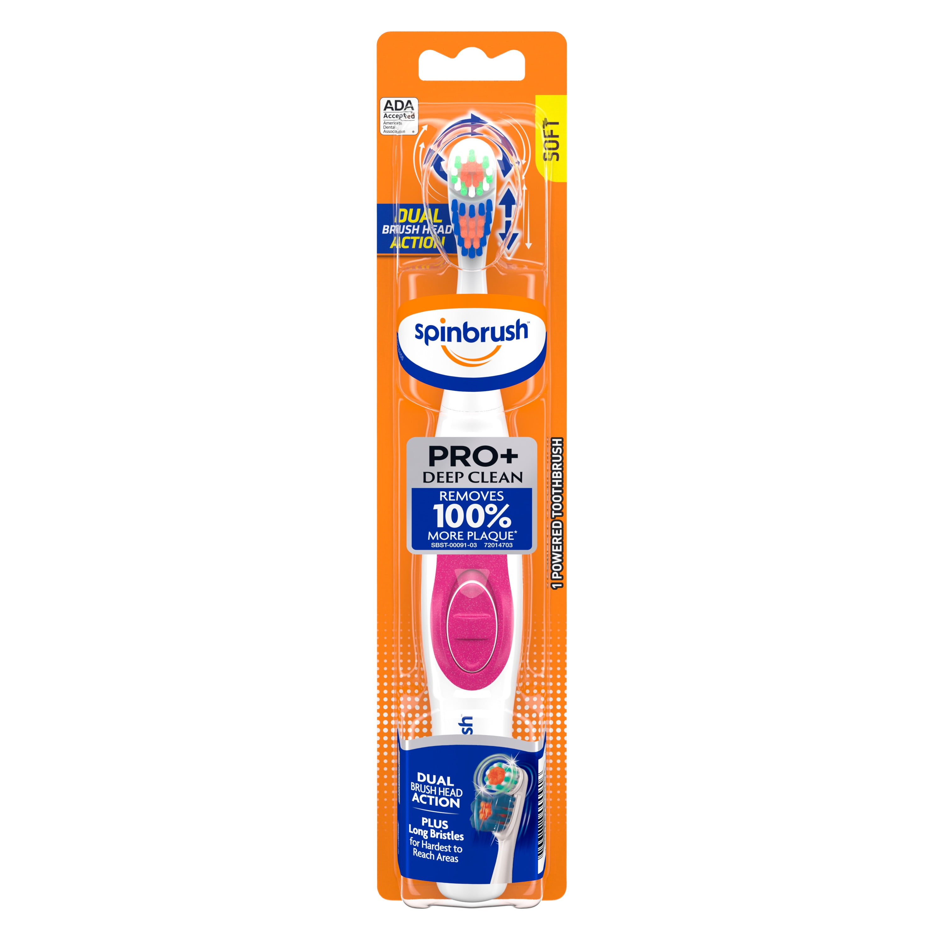 ARM & HAMMER Spinbrush PRO+ Deep Clean Battery-Operated Toothbrush – Spinbrush Battery Powered Toothbrush Removes 100% More Plaque- Soft Bristles -Batteries Included Spinbrush