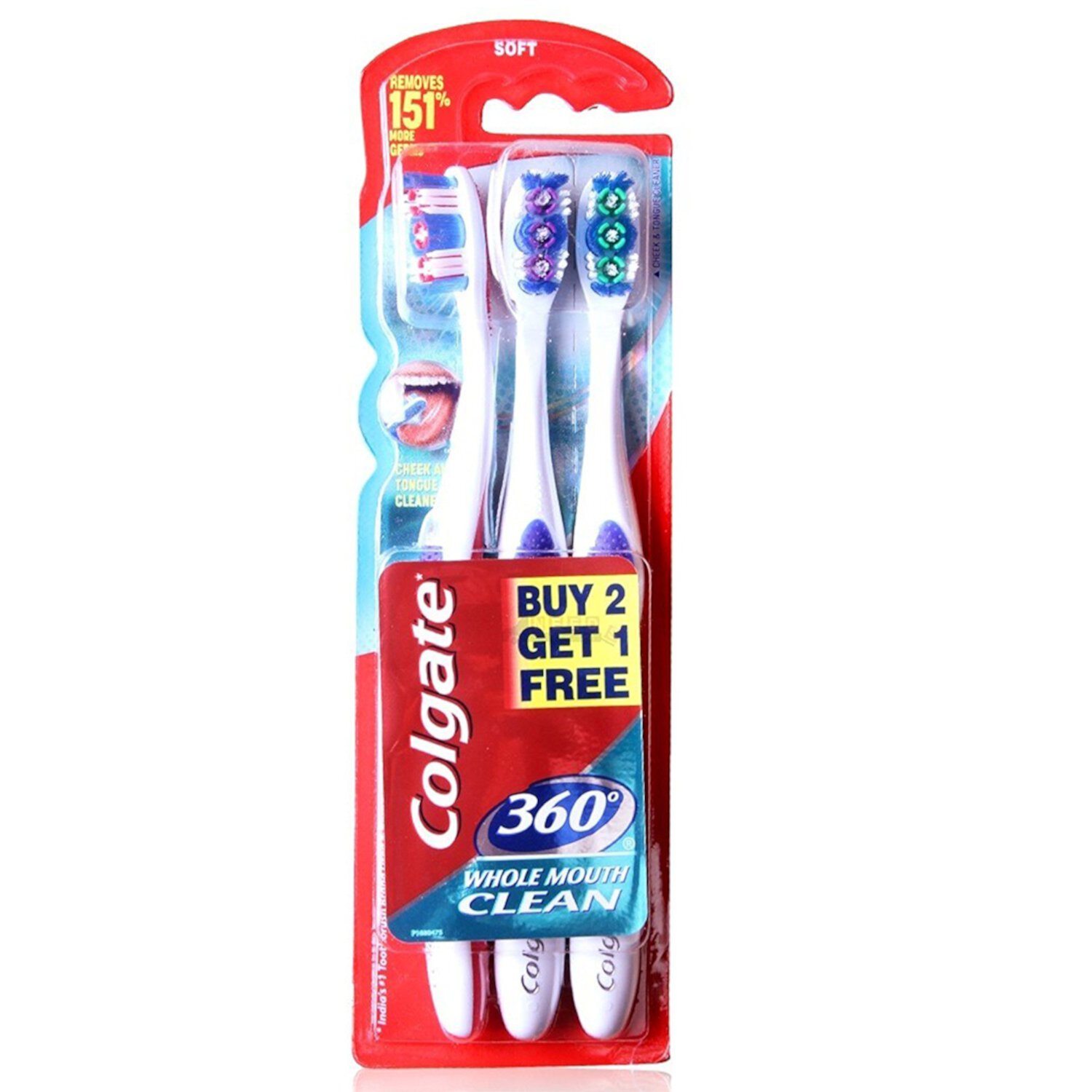 Colgate 360 Degree Whole Mouth Clean Adult Full Head Toothbrush, 1 Count blister pack of 3. With Tongue and Cheek cleaner. (Soft) Colgate