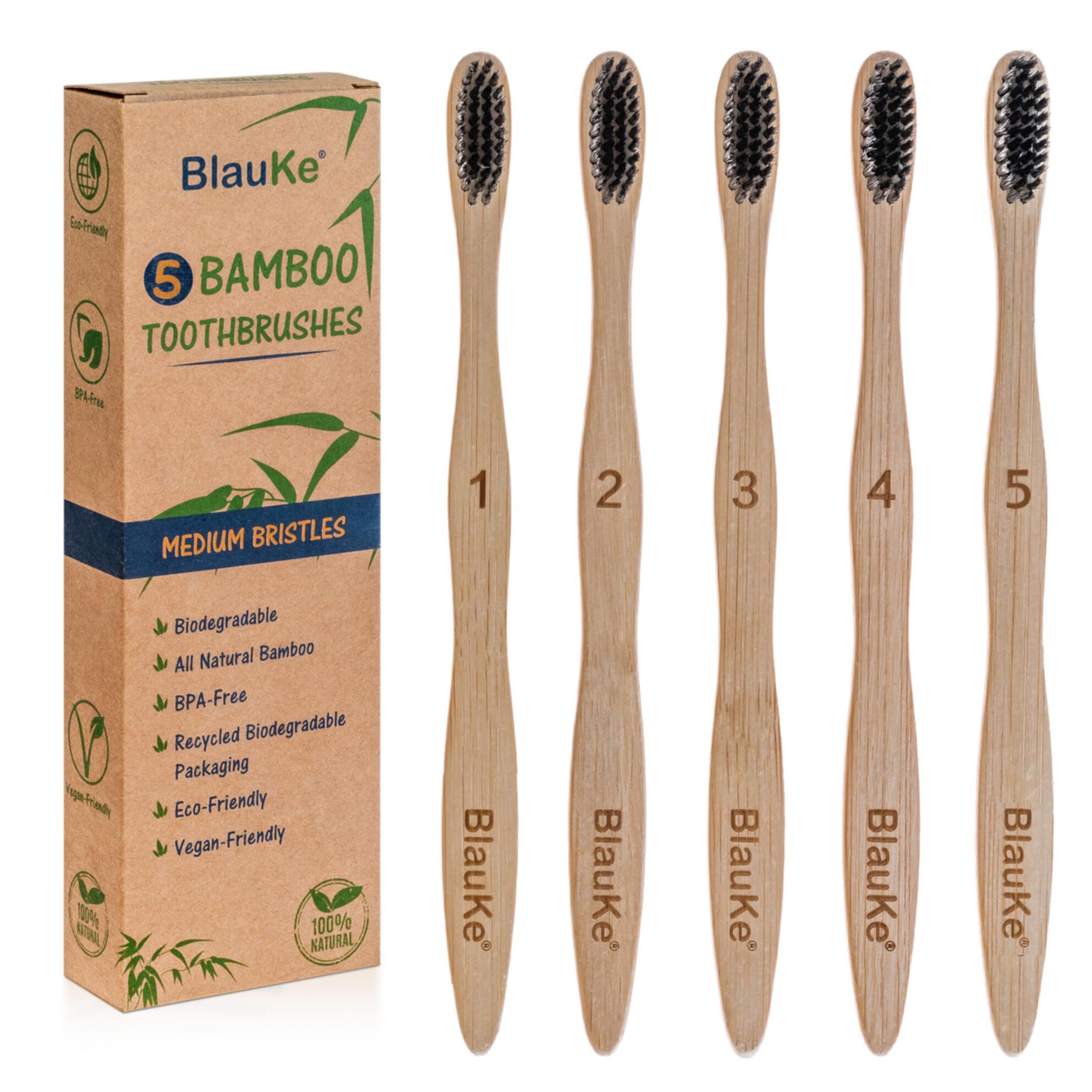 BlauKe® Bamboo Toothbrushes Medium Bristles 5-Pack – Biodegradable, Sustainable, Natural, Eco Friendly – Black Charcoal Wooden Toothbrush Set Blauke