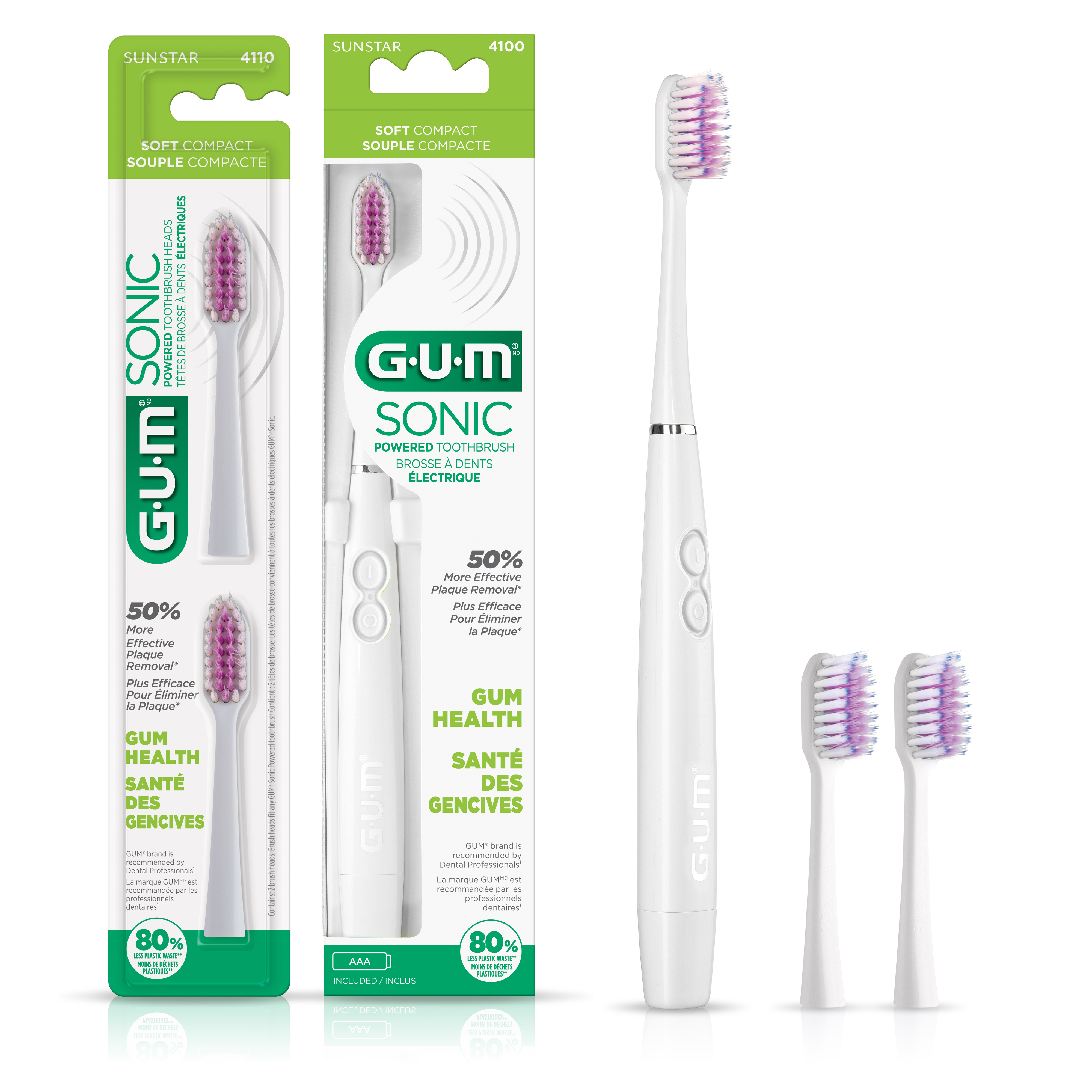 GUM Sonic Powered Toothbrush, Tapered Bristles Clean Below the Gumline, Bundle, White, 1 handle(1ct) + 2 Refills(2ct. 1pk) Visit the GUM Store