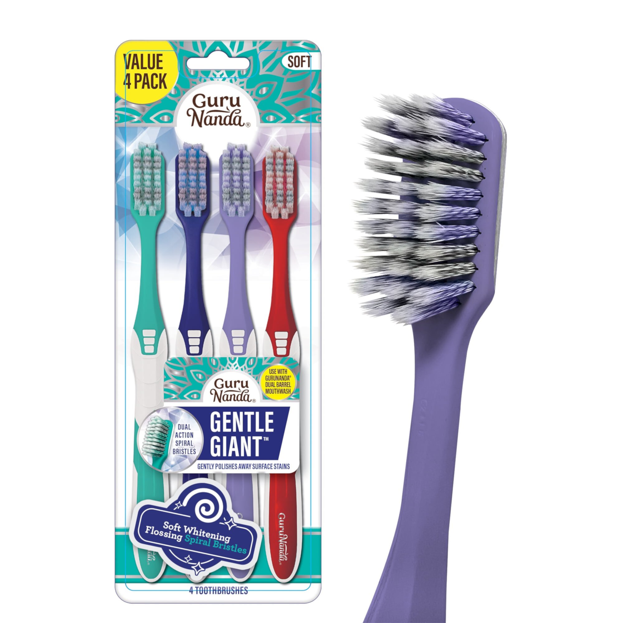 GuruNanda Gentle Giant Toothbrush with Dual Action Flossing Spiral Bristles - Ergo Dexa Grip - Helps in Teeth Whitening, BPA Free, (4 Count) GuruNanda