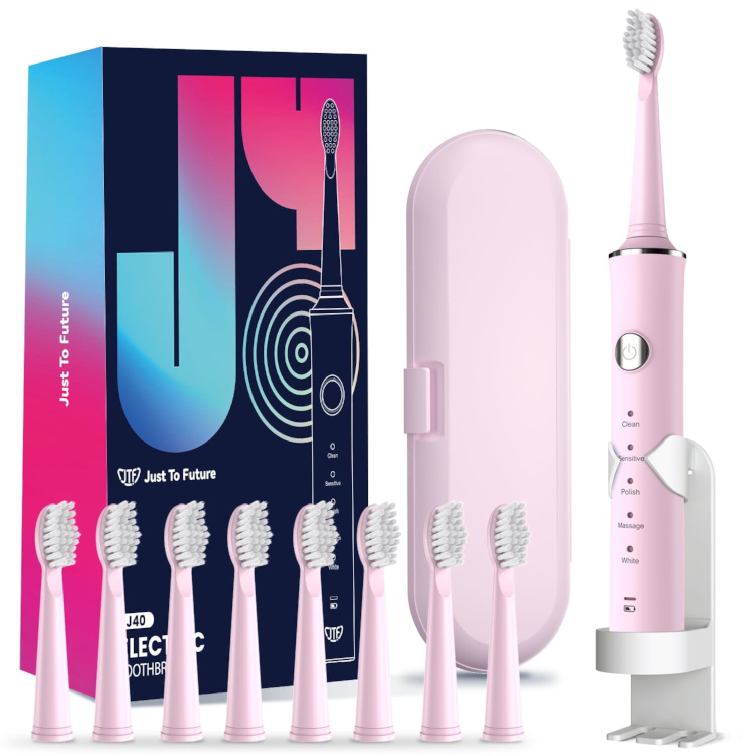 JTF Sonic Electric Toothbrush for Women with 8 Brush Heads, Ultrasonic Power Toothbrush with 5 Modes & 2 Hours Fast Charge for 45 Days Use (Pink) JTF