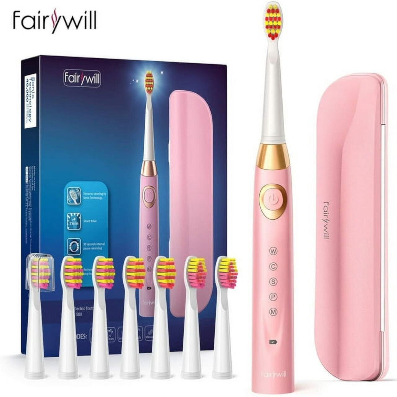 Fairywill Electric Toothbrush Rechargeable USB Charge Waterproof 8 Brushes Replacement Heads for Adults and Teen, Pink Fairywill