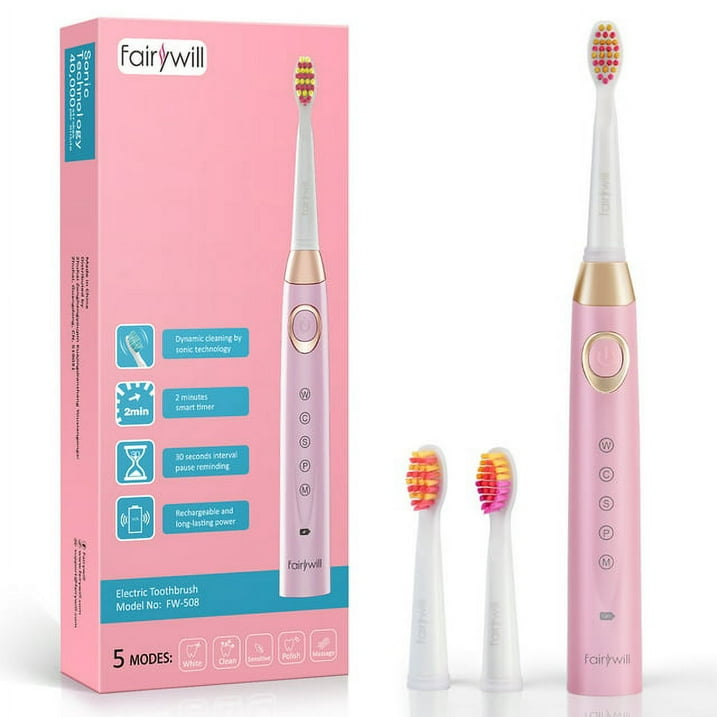 Fairywill Sonic Electric Toothbrush Rechargeable, 5 Modes with Smart Timer, 30 Days Battery Life for Adults Cleaning, Pink Fairywill