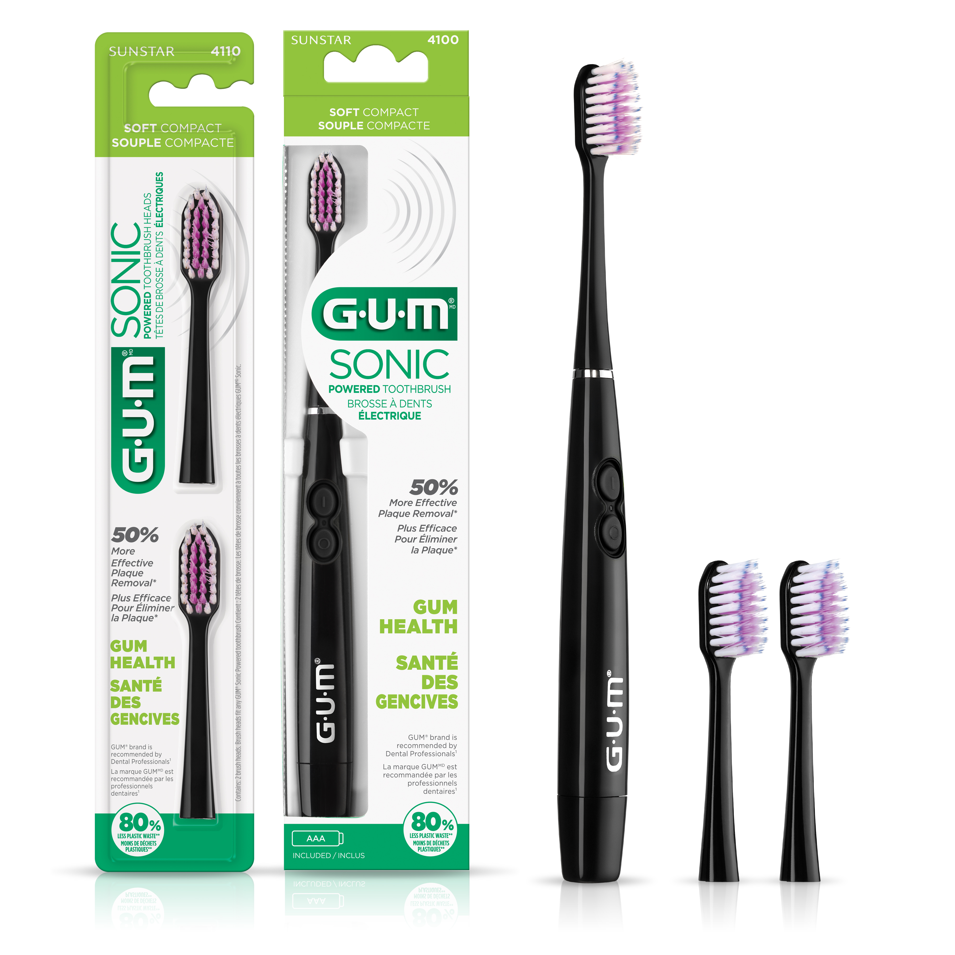 GUM Sonic Powered Toothbrush, Tapered Bristles Clean Below the Gumline, Bundle, Black, 1 handle(1ct) + 2 Refills(2ct. 1pk) Visit the GUM Store