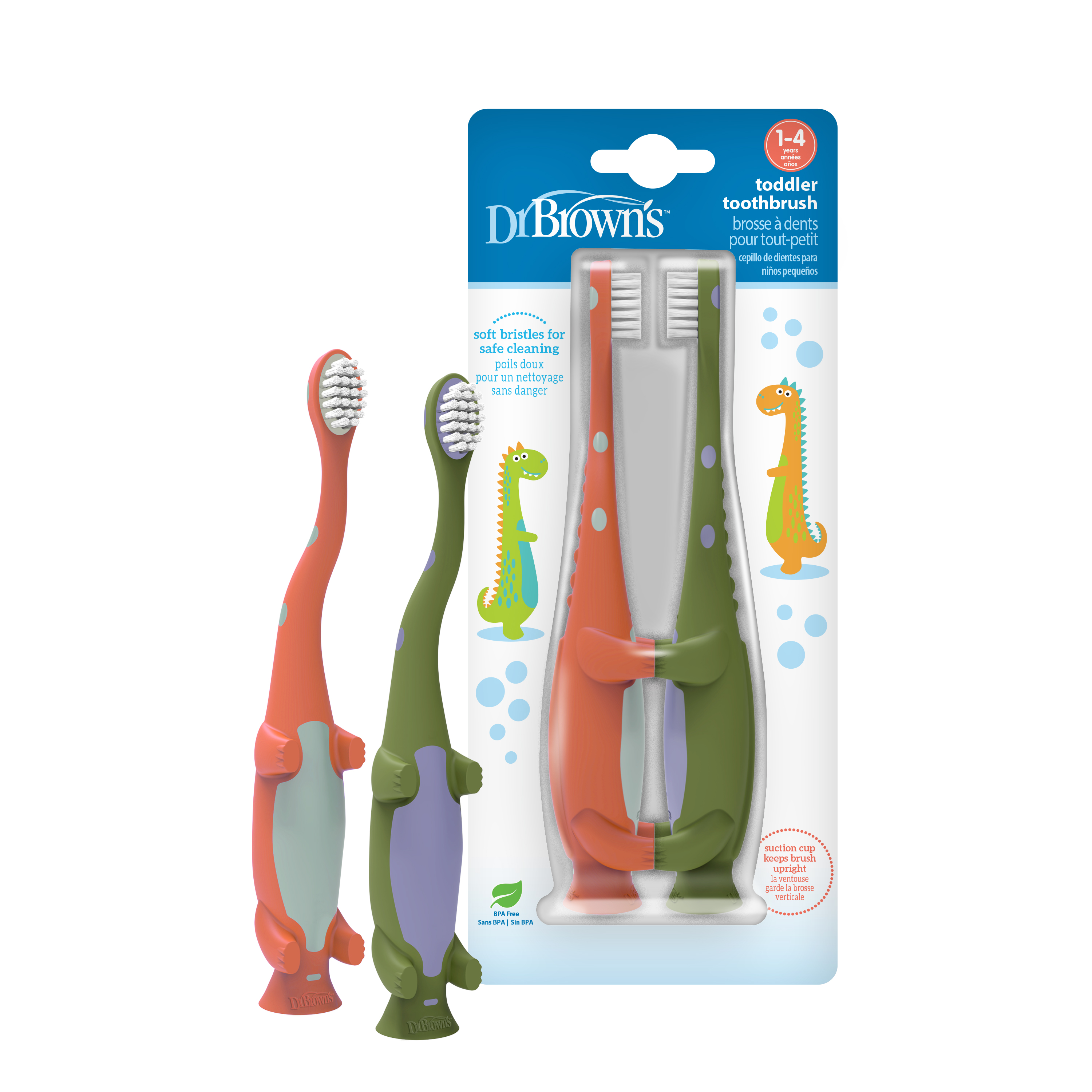 Dr. Brown's Baby & Toddler Training Toothbrush, Soft Bristles, Green/Orange Dino, 1-4 Years, 2 Pack Dr. Brown's