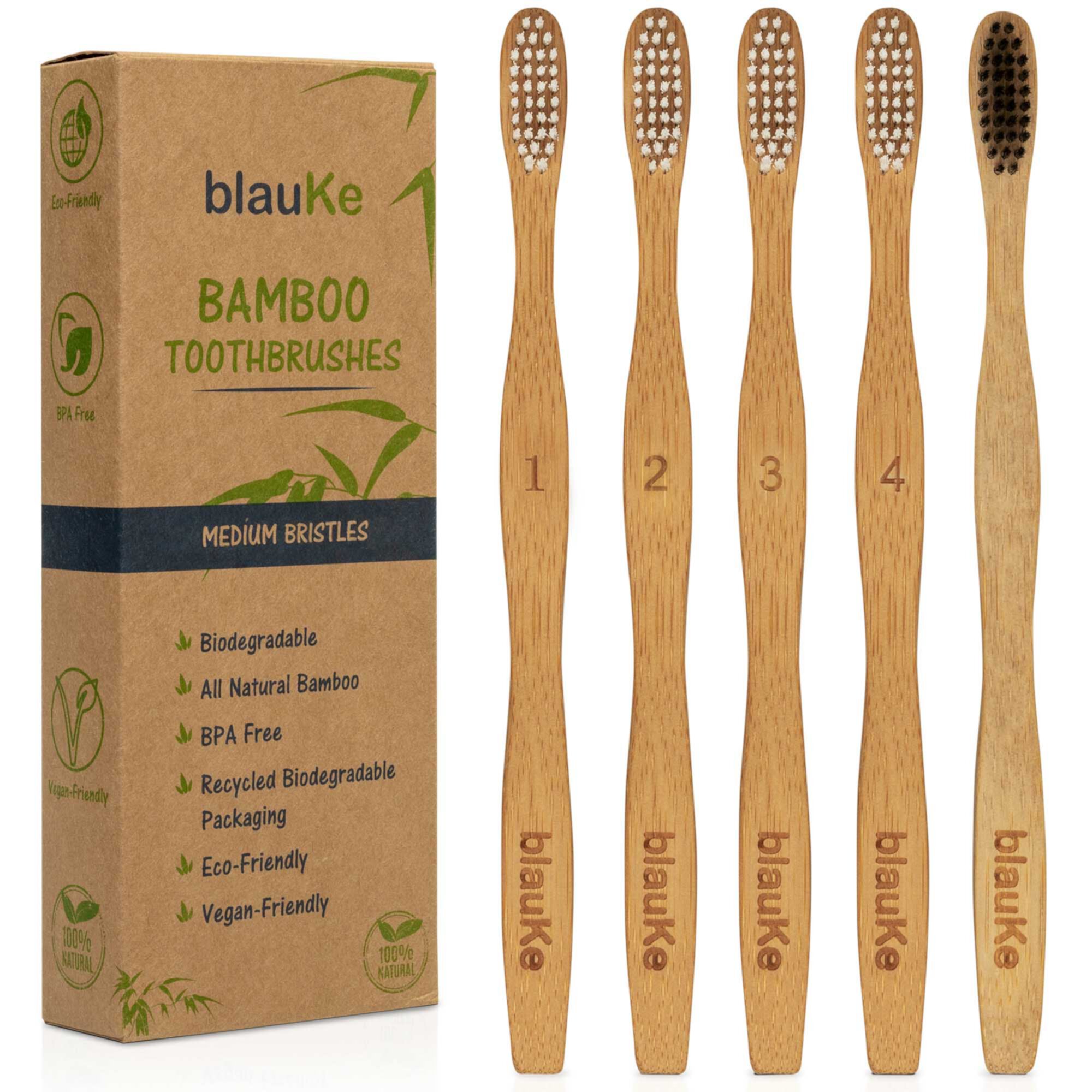 BlauKe® Bamboo Toothbrushes Medium Bristles 5-Pack – 4 White Wooden Toothbrushes, 1 Black Charcoal Toothbrush – Biodegradable Natural Eco Friendly Blauke