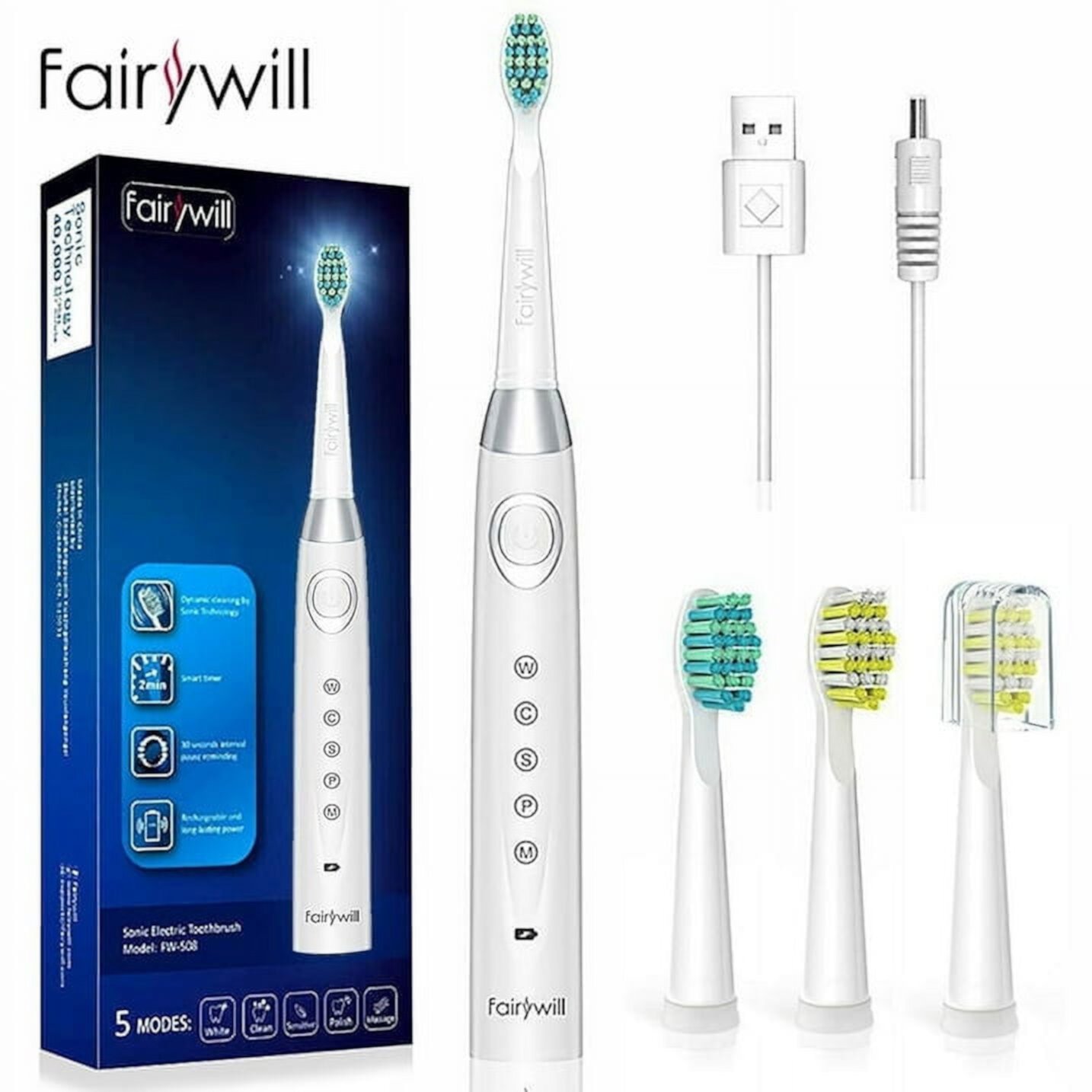 Fairywill Sonic Electric Toothbrush, Rechargeable Toothbrush 5 Modes with Smart Timer, 30 Days Battery Life, Electric Toothbrush for Adults Cleaning as Dentist, White Fairywill