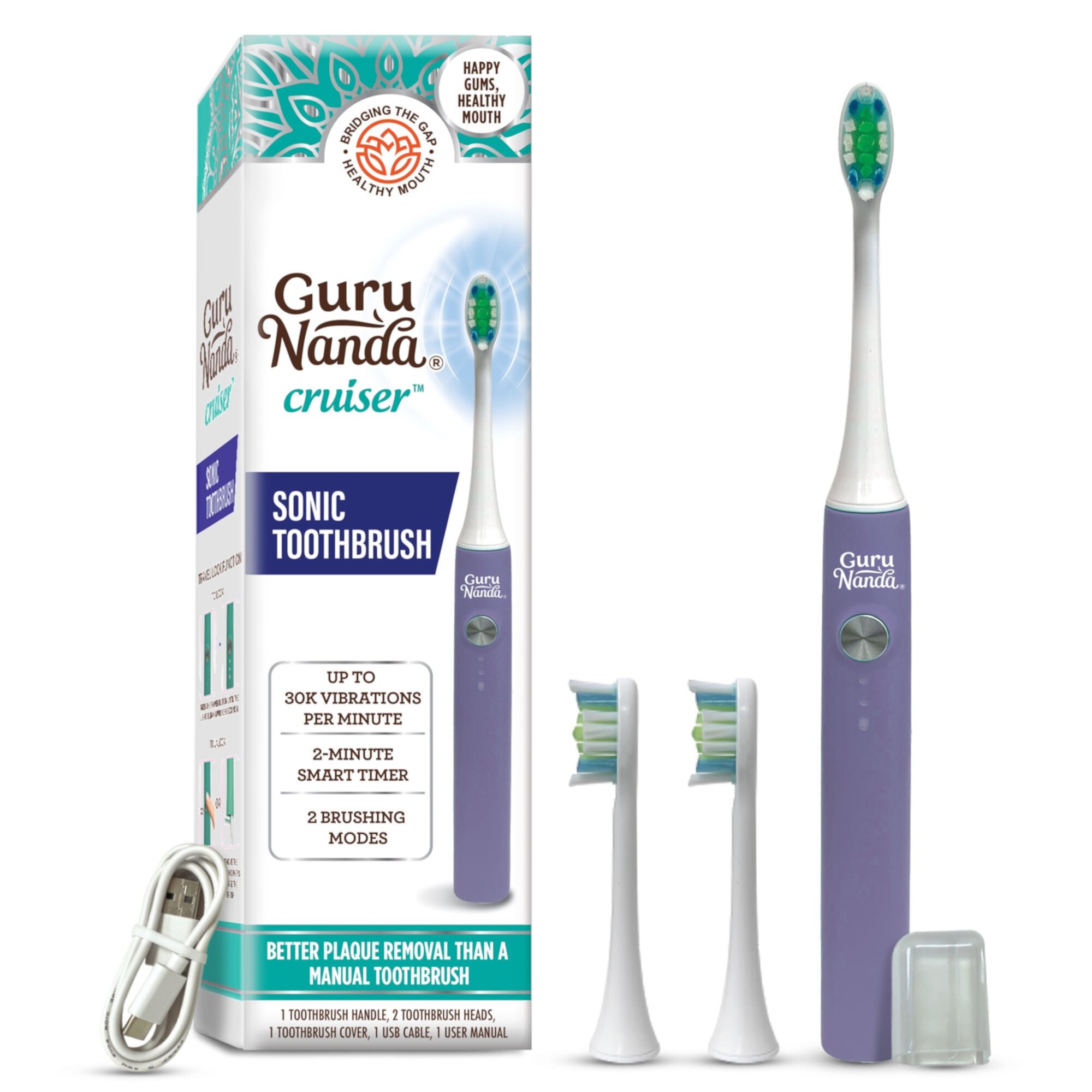 GuruNanda Cruiser Sonic Toothbrush - Portable with Travel Lock, 2 Brush Modes & Timer - Teal GuruNanda