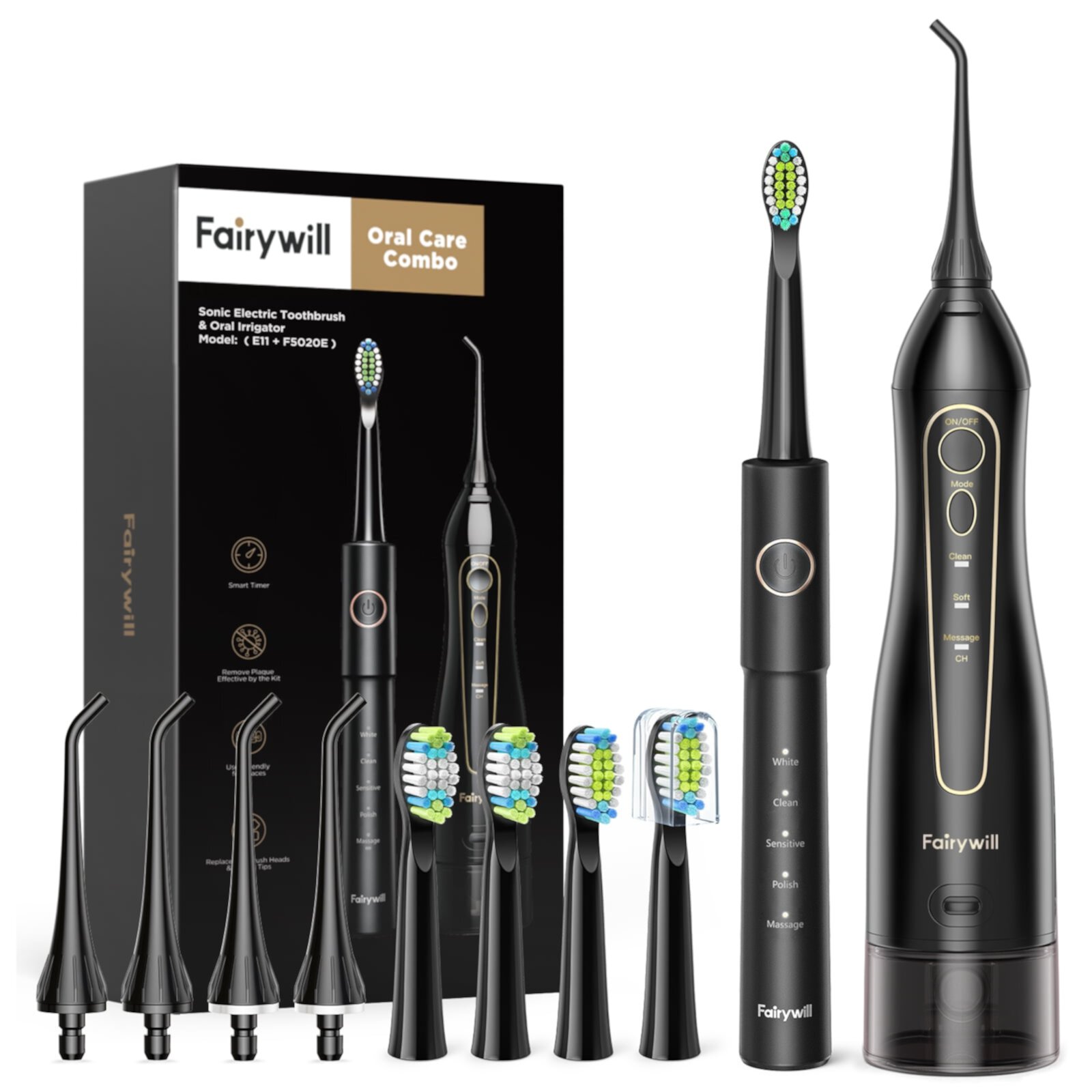 Fairywill Water Flosser and Electric Toothbrush Combo for Braces Bridges Care, Black Fairywill