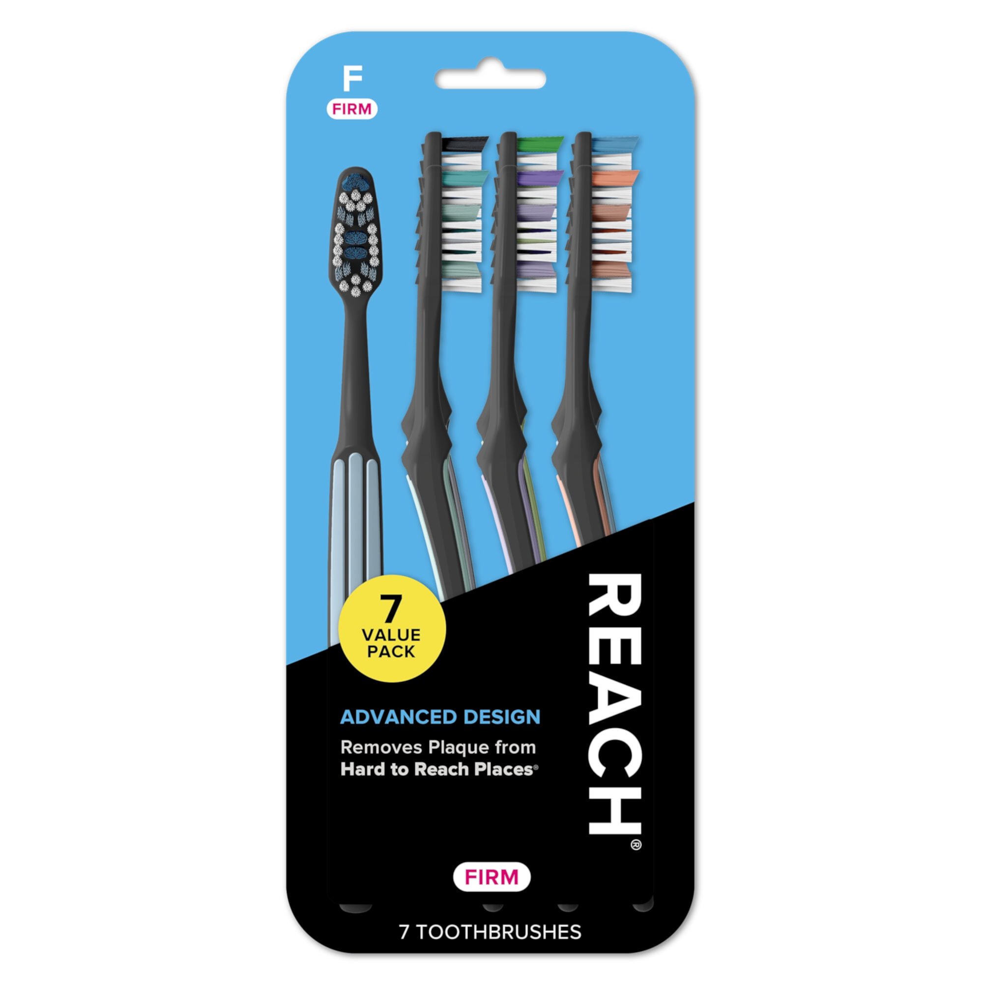 REACH Advanced Design Toothbrush, Angled Neck, Firm Multi-Level Bristles, Contoured Handle, Tongue Scraper, 7 Count (Packaging and Color May Vary) Reach