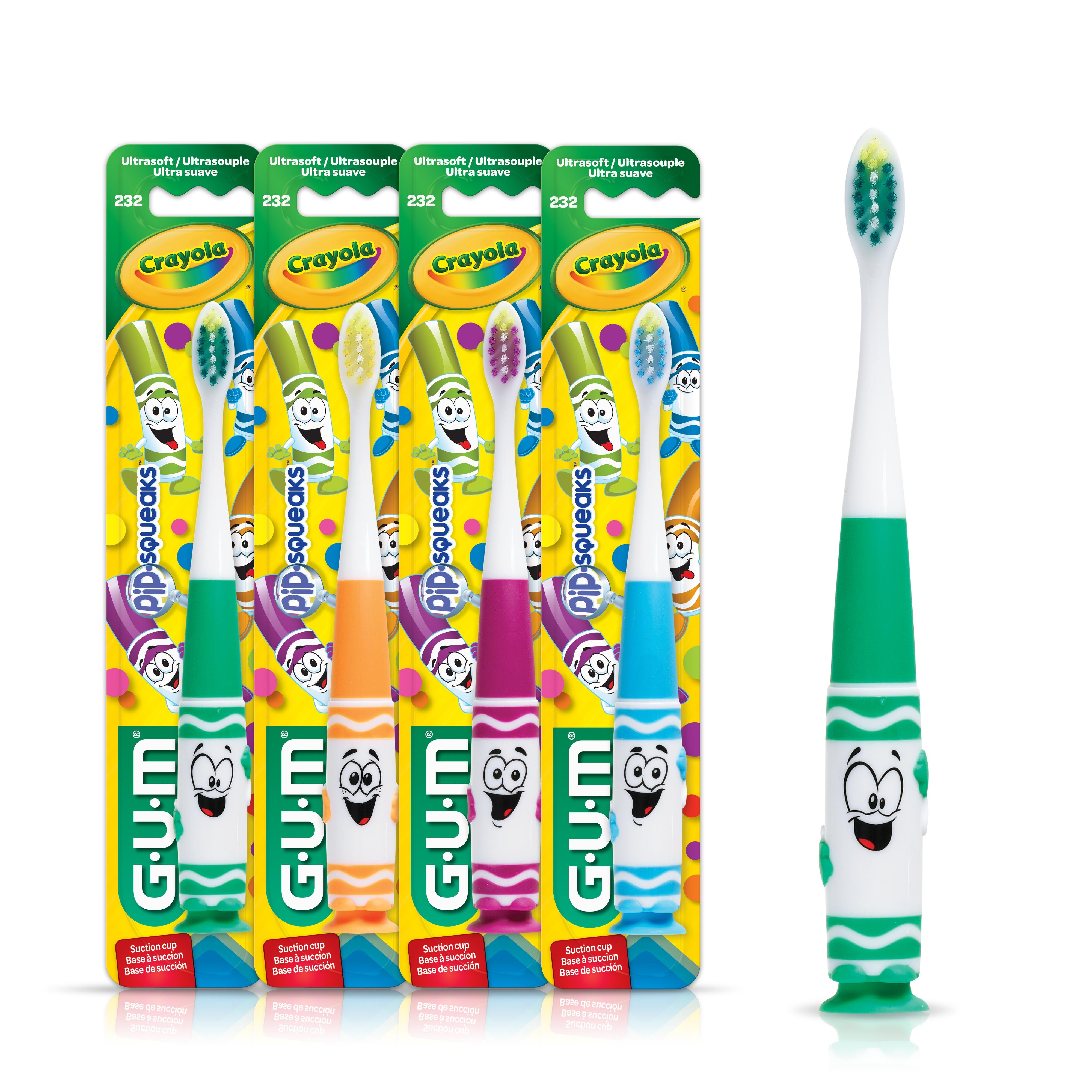 GUM Crayola Pip-Squeaks Kids’ Toothbrush , w/Suction Cup Base, 3 Year Old +, 1ct (4pk) Visit the GUM Store