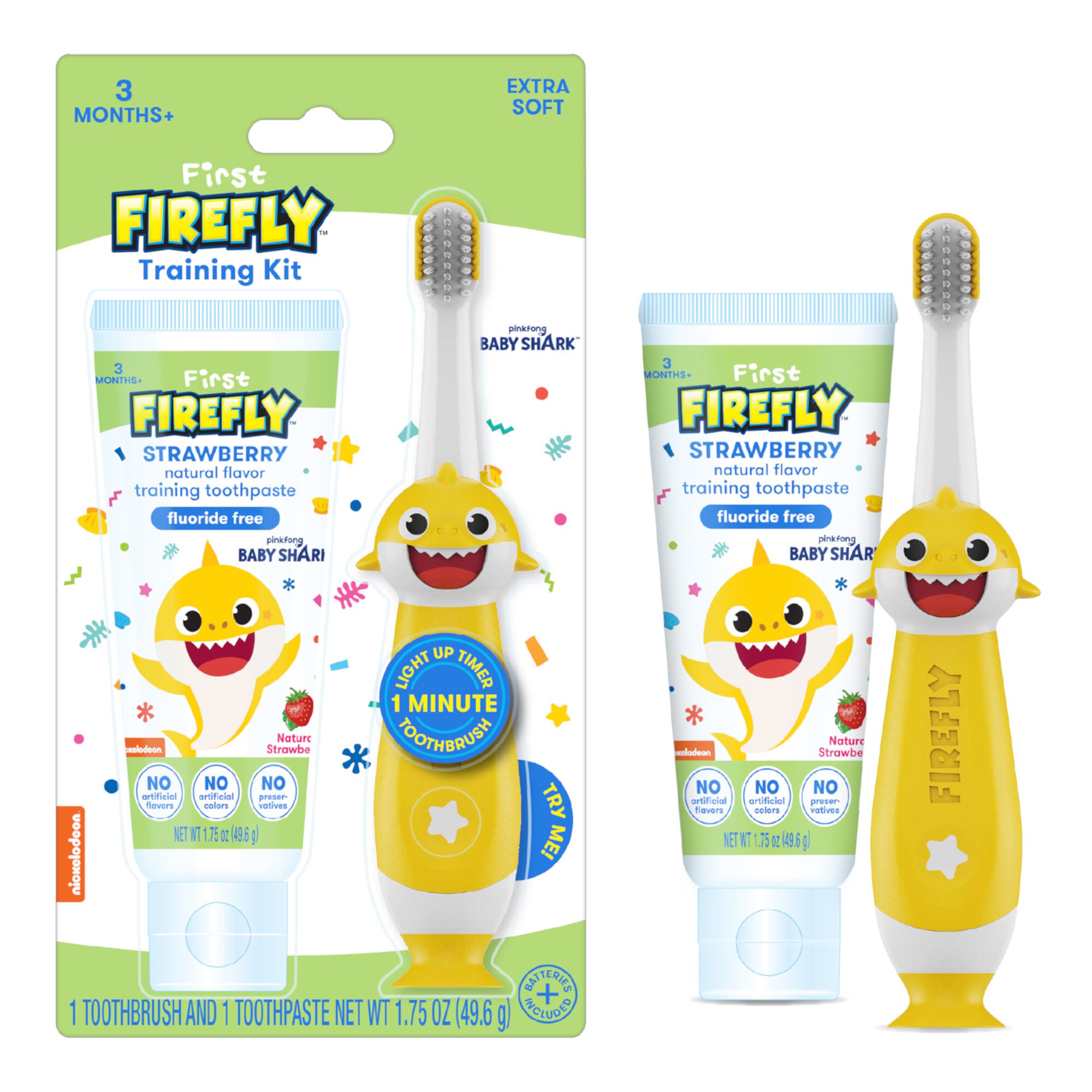 First Firefly Baby Shark Training Light Up Toothbrush, Strawberry Flavor Toothpaste, Extra Soft Firefly