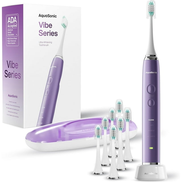 Aquasonic Premium Electric Toothbrush Set, Rechargeable, 4 Modes, Travel Case, 8 Brush Heads - Satin Violet AQUASONIC