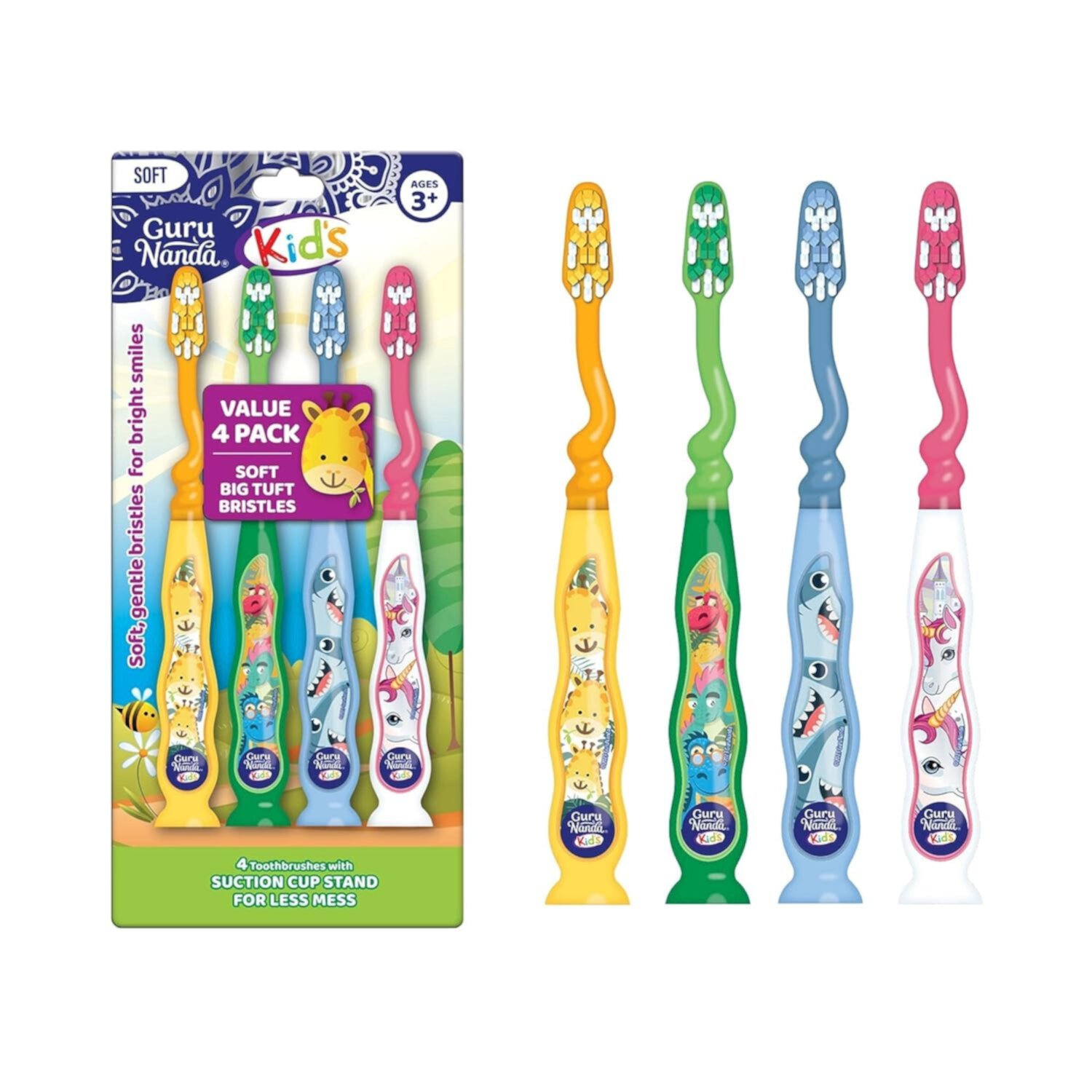 GuruNanda Kids Toothbrush with Suction Cup & Fun Animal Designs, Ages 3 - 10 - 4 Count GuruNanda