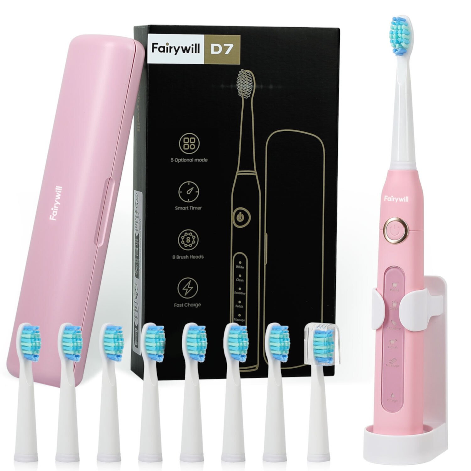 Fairywill Electric Toothbrush Pink, Sonic Rechargeable Power Toothrush with Ultra Cleaning with 40,000 VPM, 8 Brush Heads, 5 Modes and 2 Minutes Build in Smart Timer, Pink Fairywill