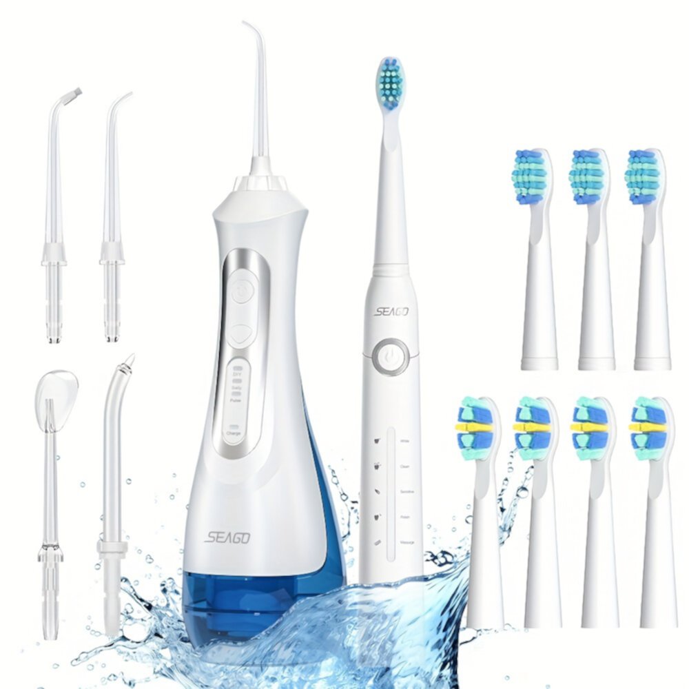 Seago Cordless Water Flosser for Teeth, 5 Modes Sonic Electric Toothbrush, Combination (White） SEAGO